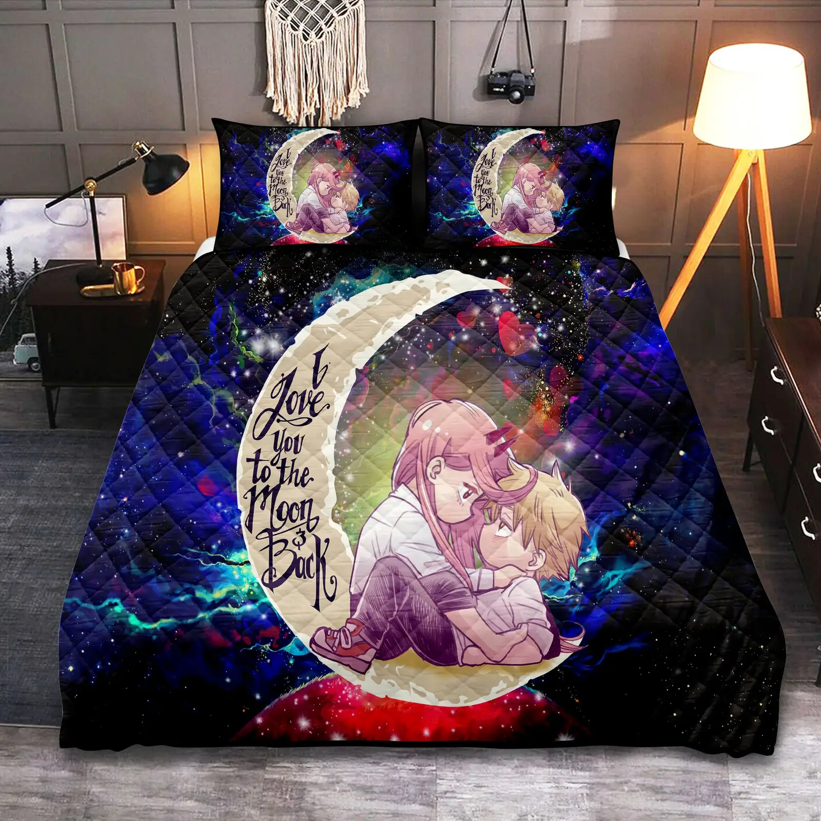 Chainsaw Man Denji x Power Love You To The Moon Galaxy Quilt Bed Sets