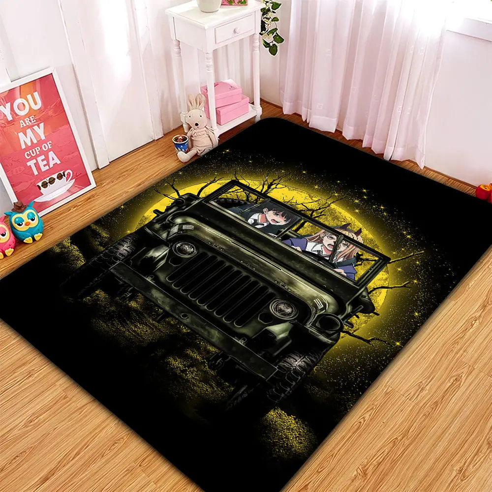 Chainsaw Man Ride Jeep Funny Anime Moonlight Halloween Rectangular Area Rug