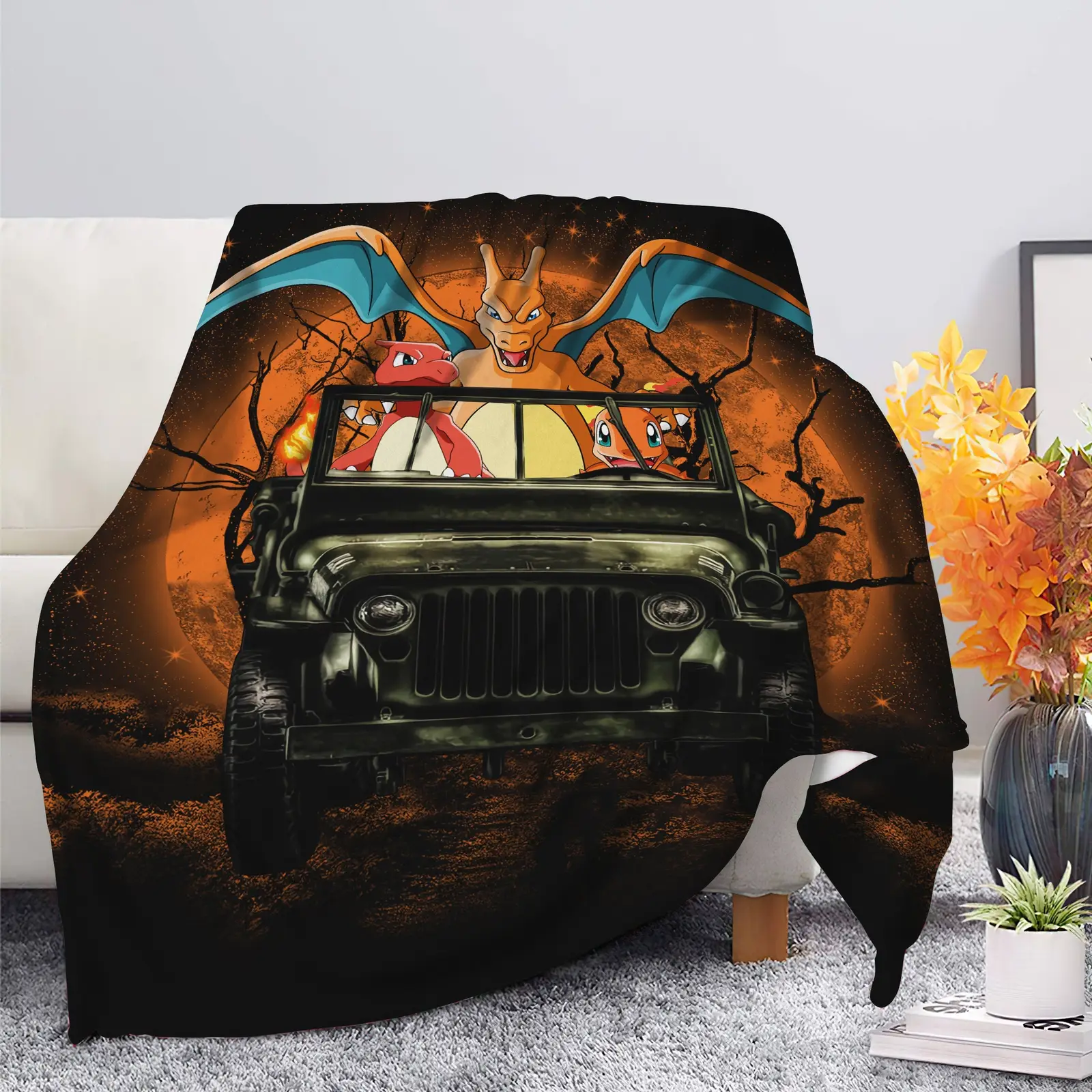 Charizard Charmender Pokemon Drive Jeep Moonlight Halloween Funny Blanket