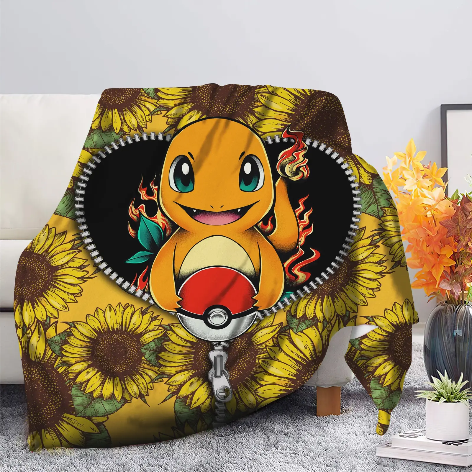 Charmander Pokemon Sunflower Zipper Blanket