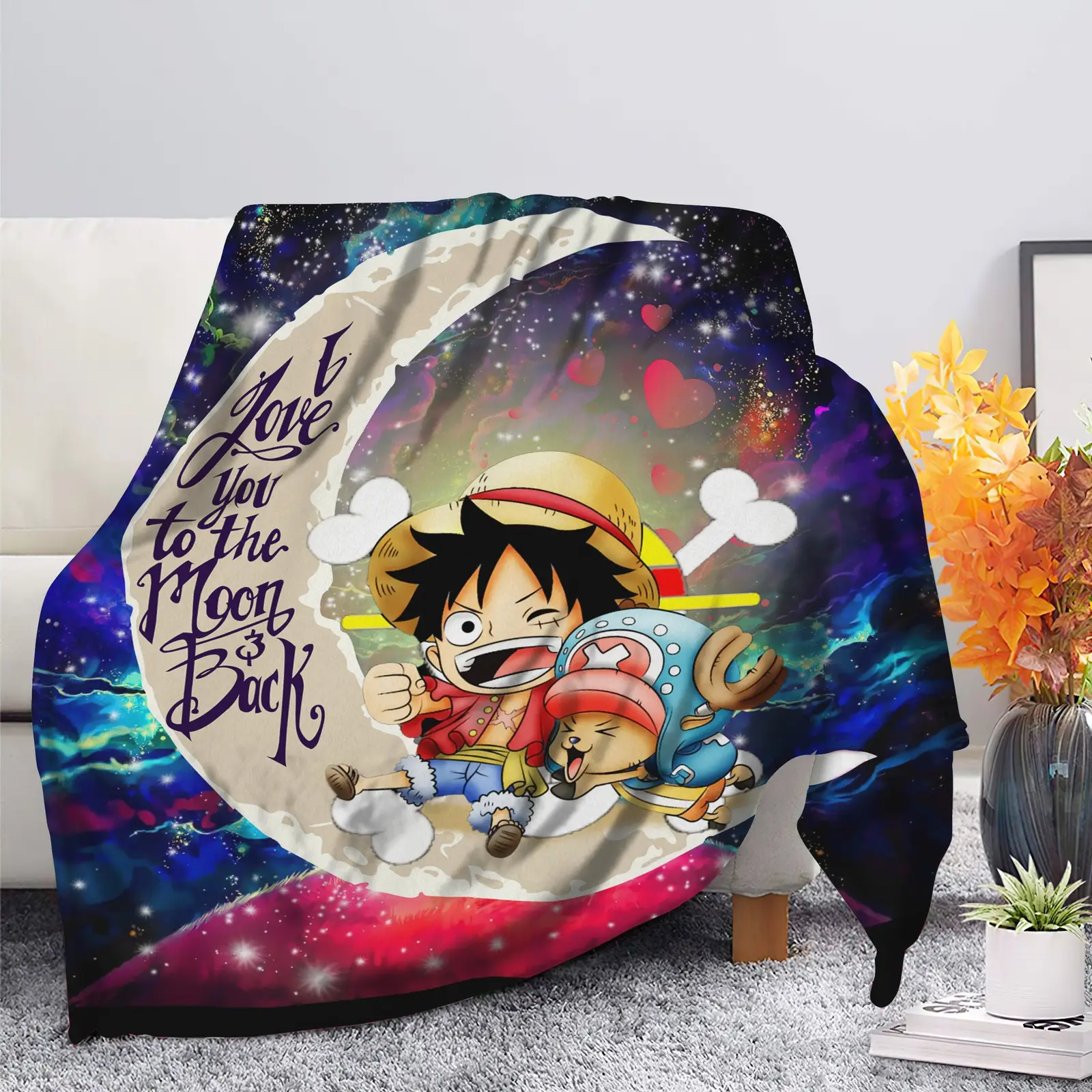 Chibi Luffy And Chopper One Piece Anime Love You To The Moon Galaxy Blanket
