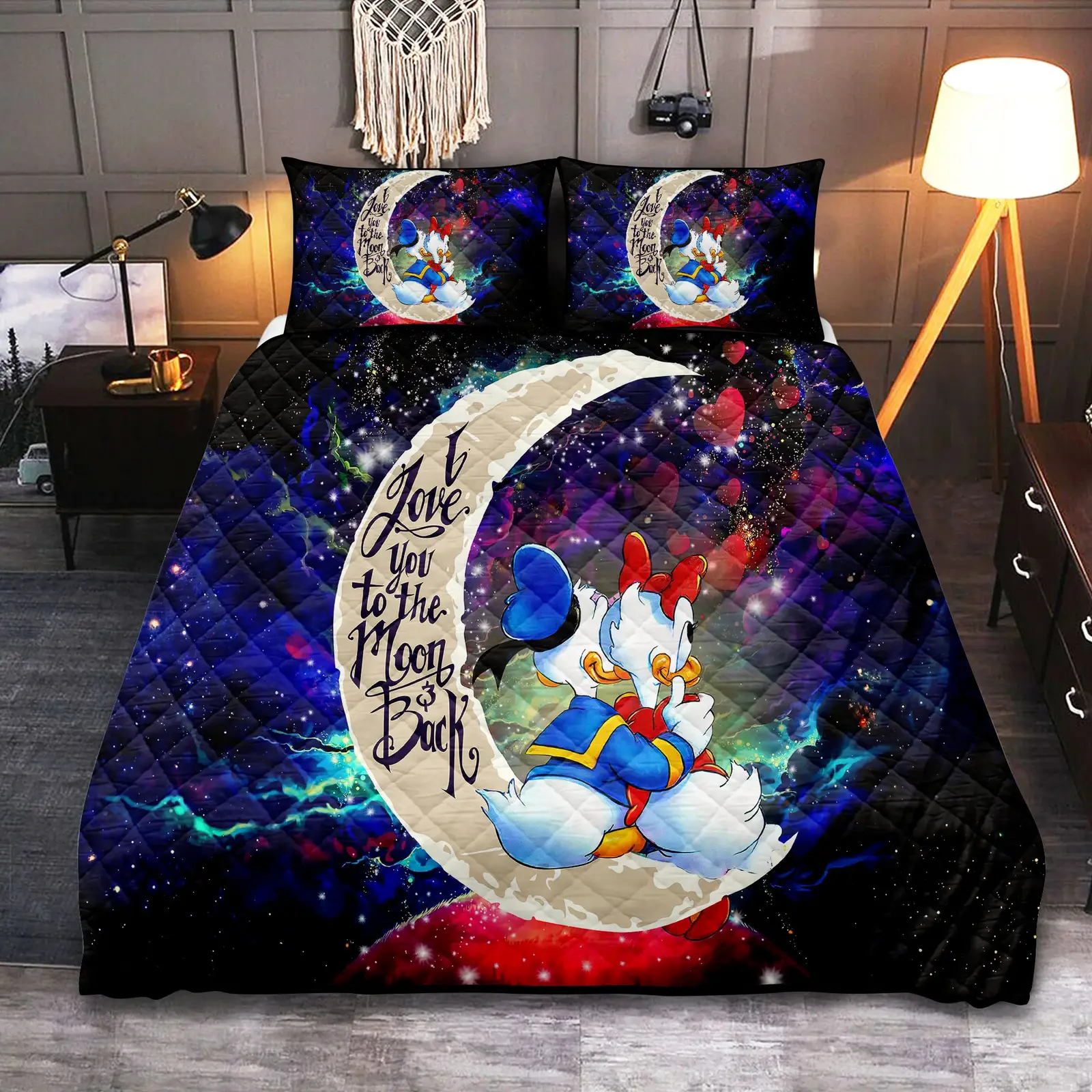 Couple Cute Duck Couple Love You To The Moon Galaxy Quilt Bed Sets
