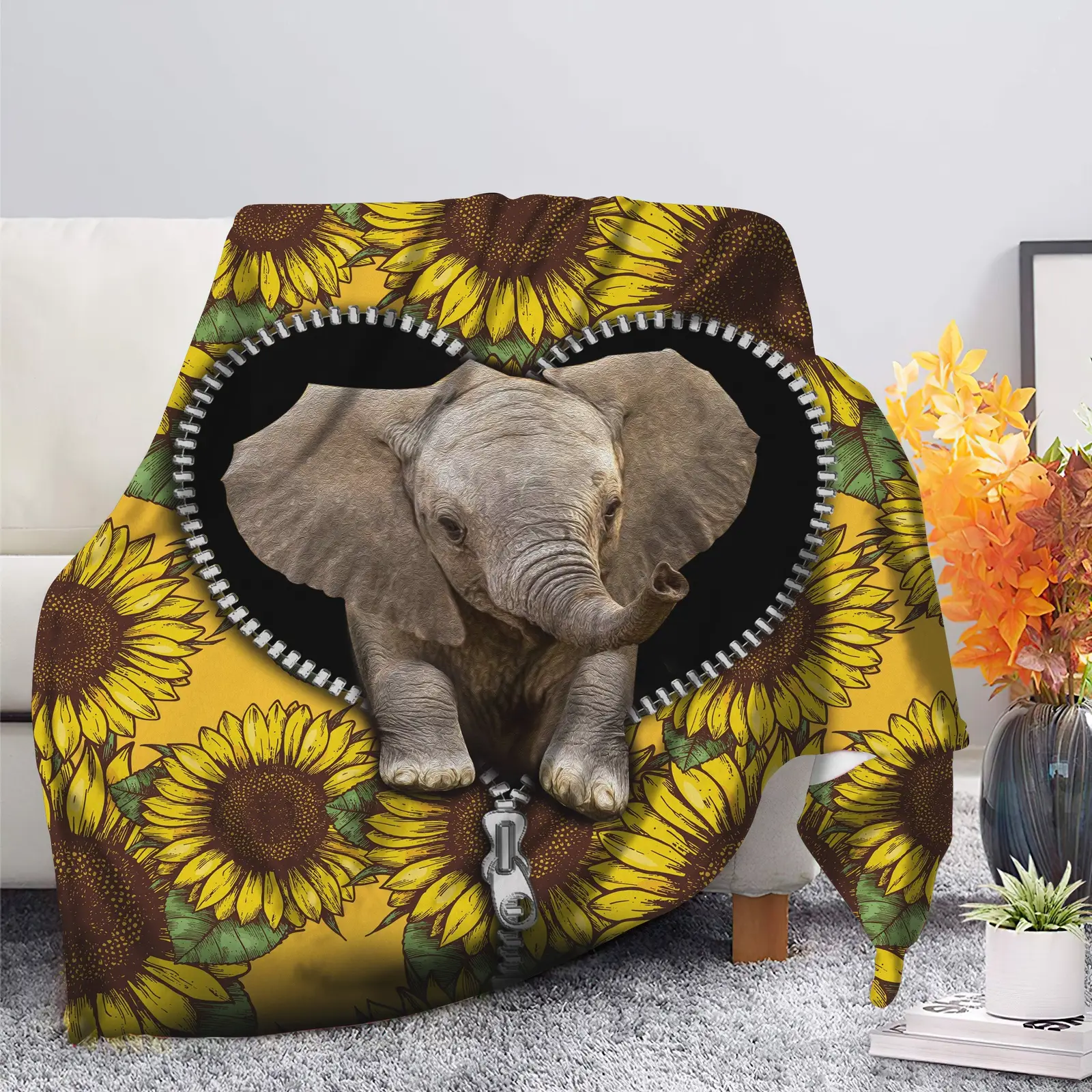 Cute Baby Elephant Sunflower Zipper Blanket
