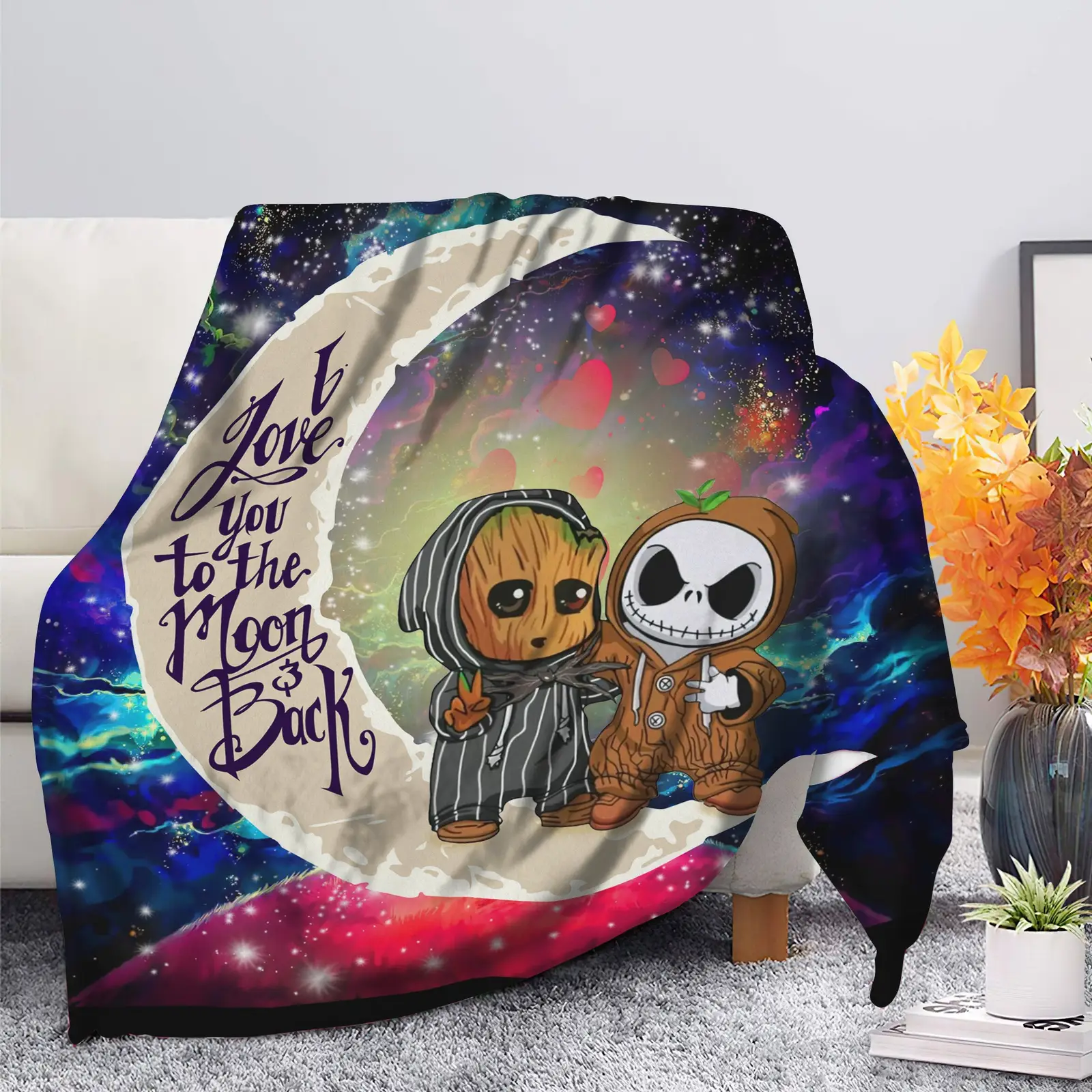 Cute Baby Groot And Jack Nightmare Before Christmas Love You To The Moon Galaxy Blanket