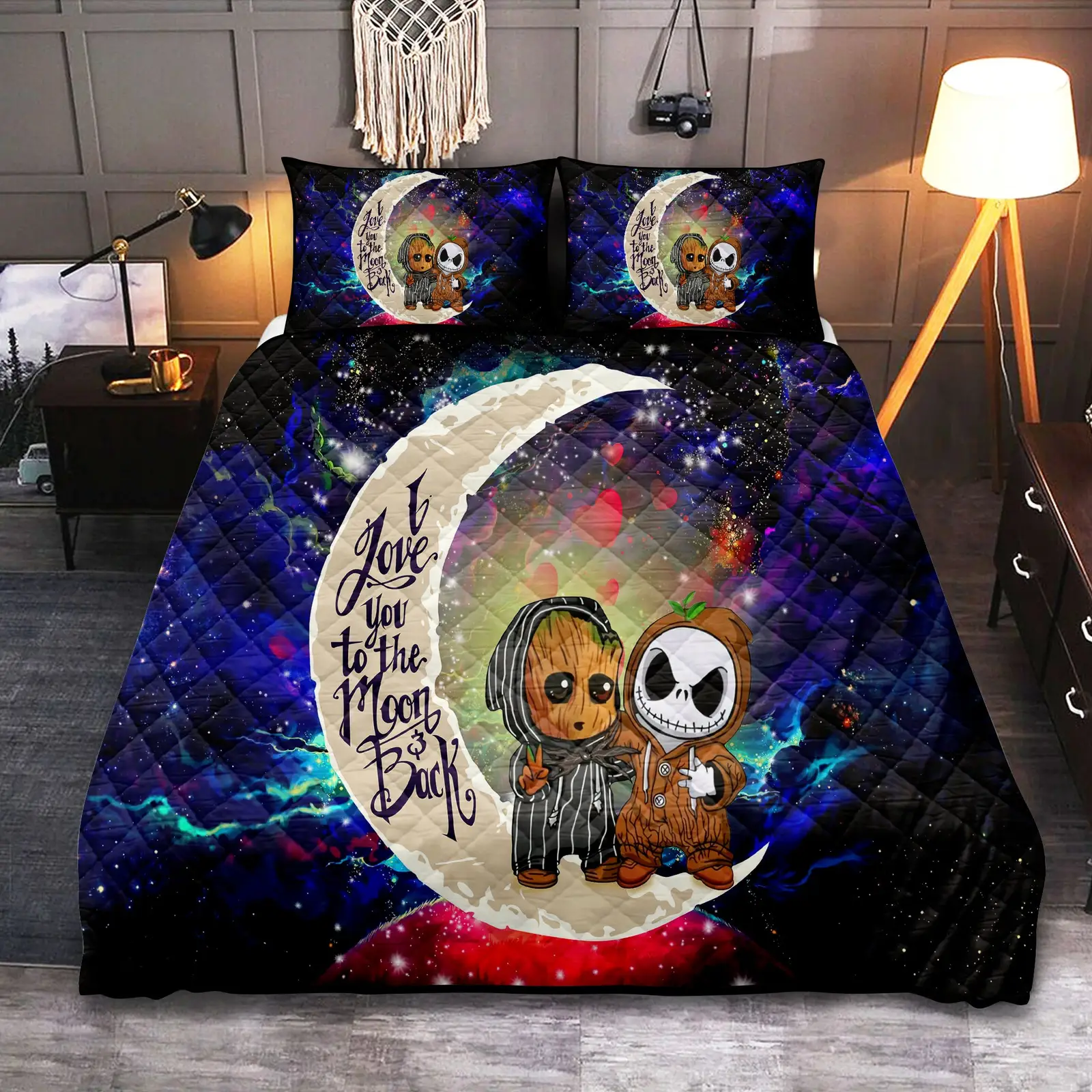 Cute Baby Groot And Jack Nightmare Before Christmas Love You To The Moon Galaxy Quilt Bed Sets