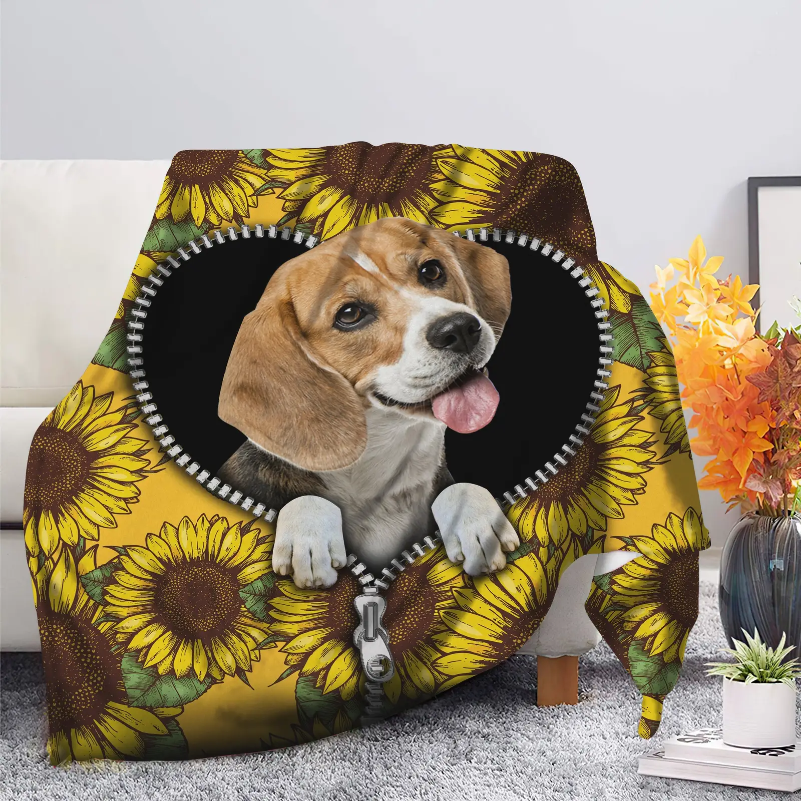Cute Beagle Dog Sunflower Zipper Blanket