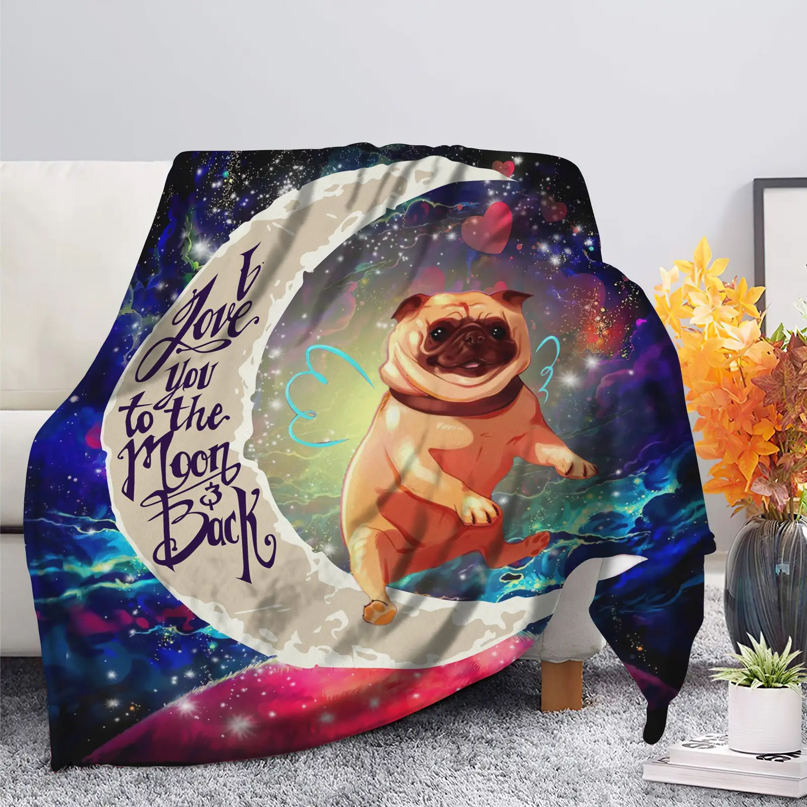Cute Bull Dog Love You To The Moon Galaxy Blanket