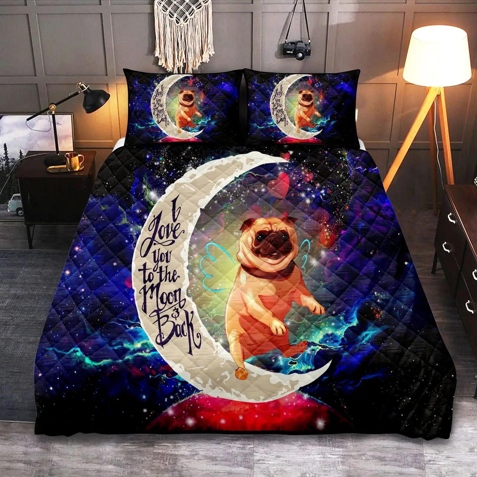 Cute Bull Dog Love You To The Moon Galaxy Quilt Bed Sets