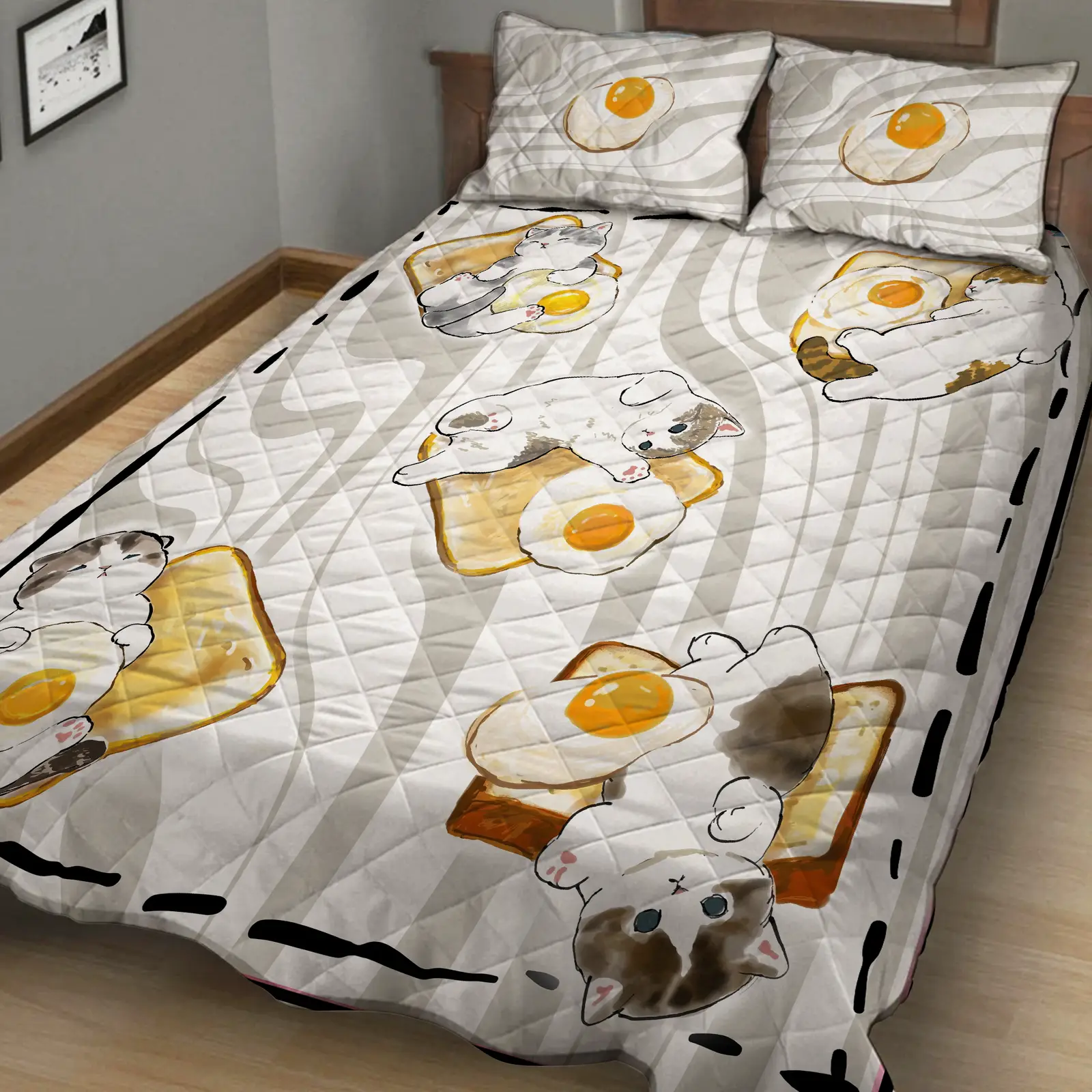 Cute Cat Fried Egg 3D Quilt Set