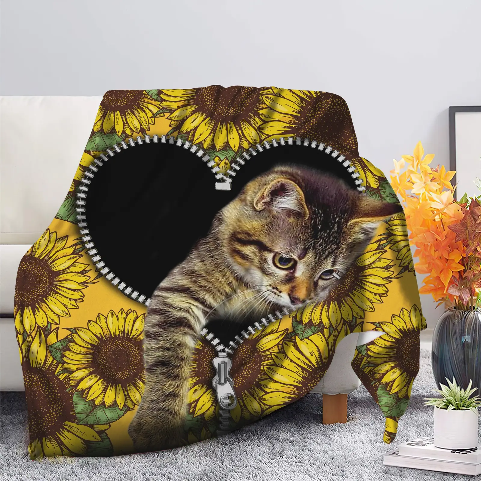Cute Cat Sunflower Zipper Blanket