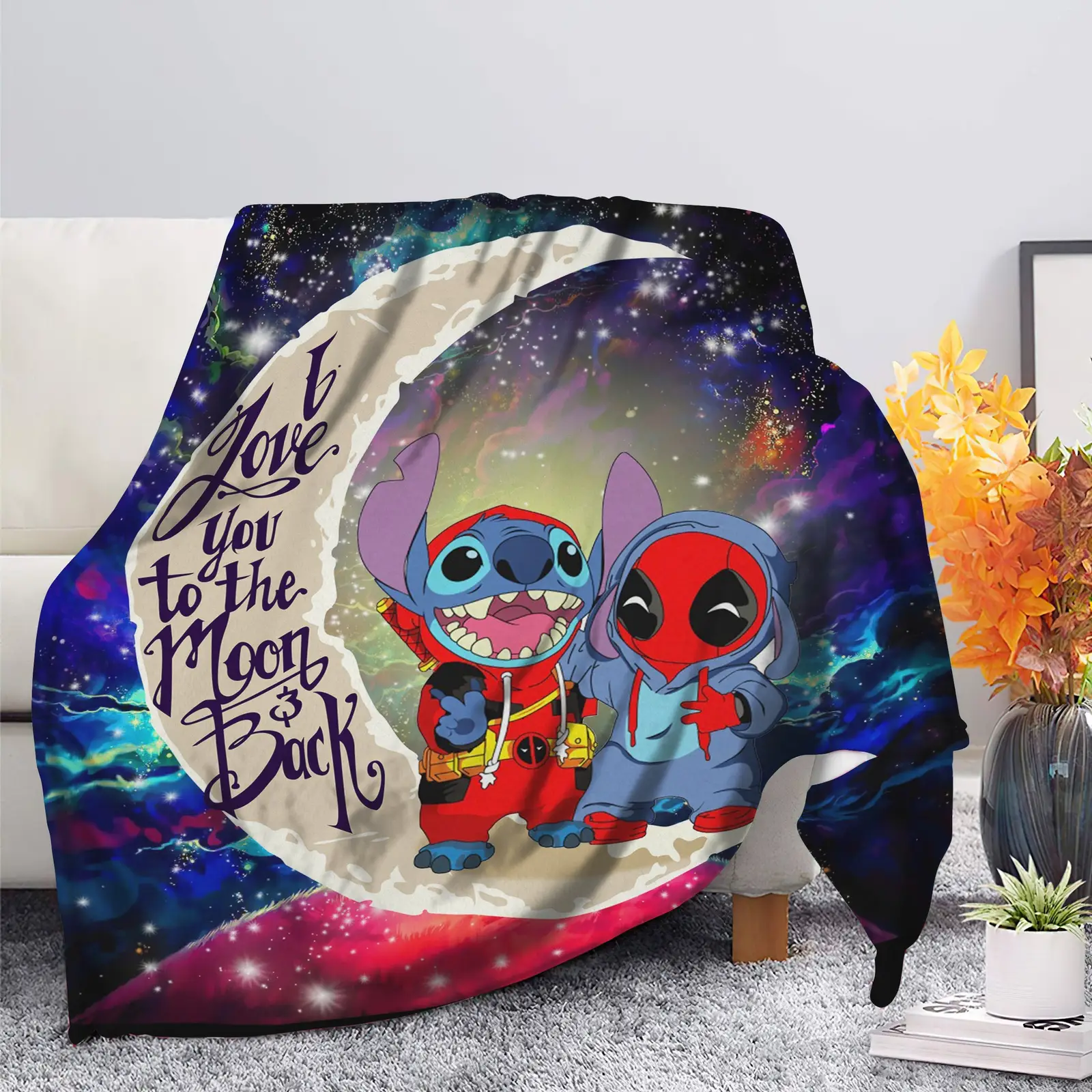 Cute Deadpool And Stitch Love You To The Moon Galaxy Blanket