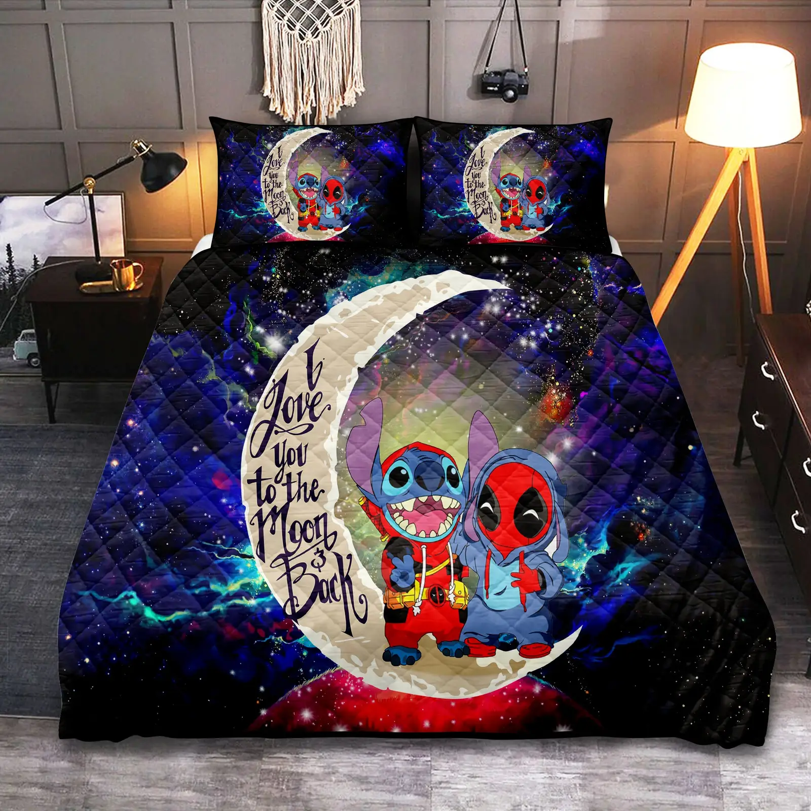 Cute Deadpool And Stitch Love You To The Moon Galaxy Quilt Bed Sets