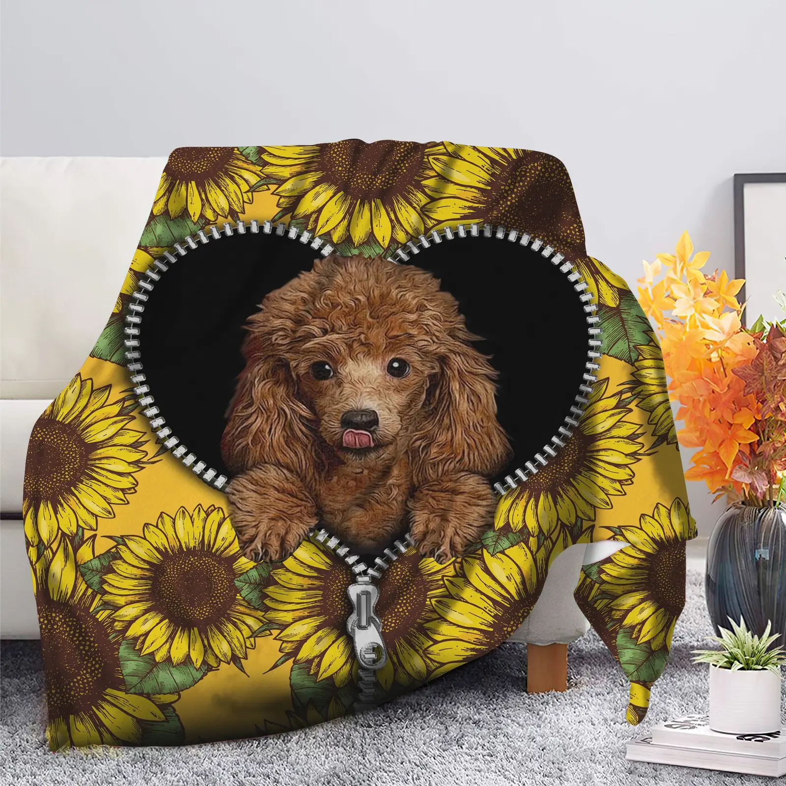 Cute Dog Poodle Sunflower Zipper Blanket