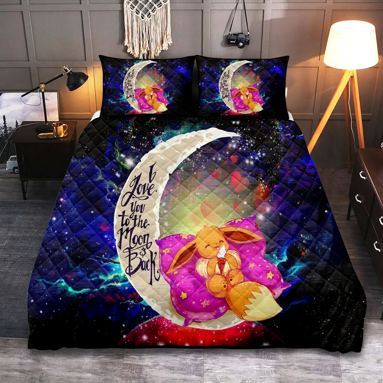 Cute Eevee Sleep Night Love You To The Moon Galaxy Quilt Bed Sets