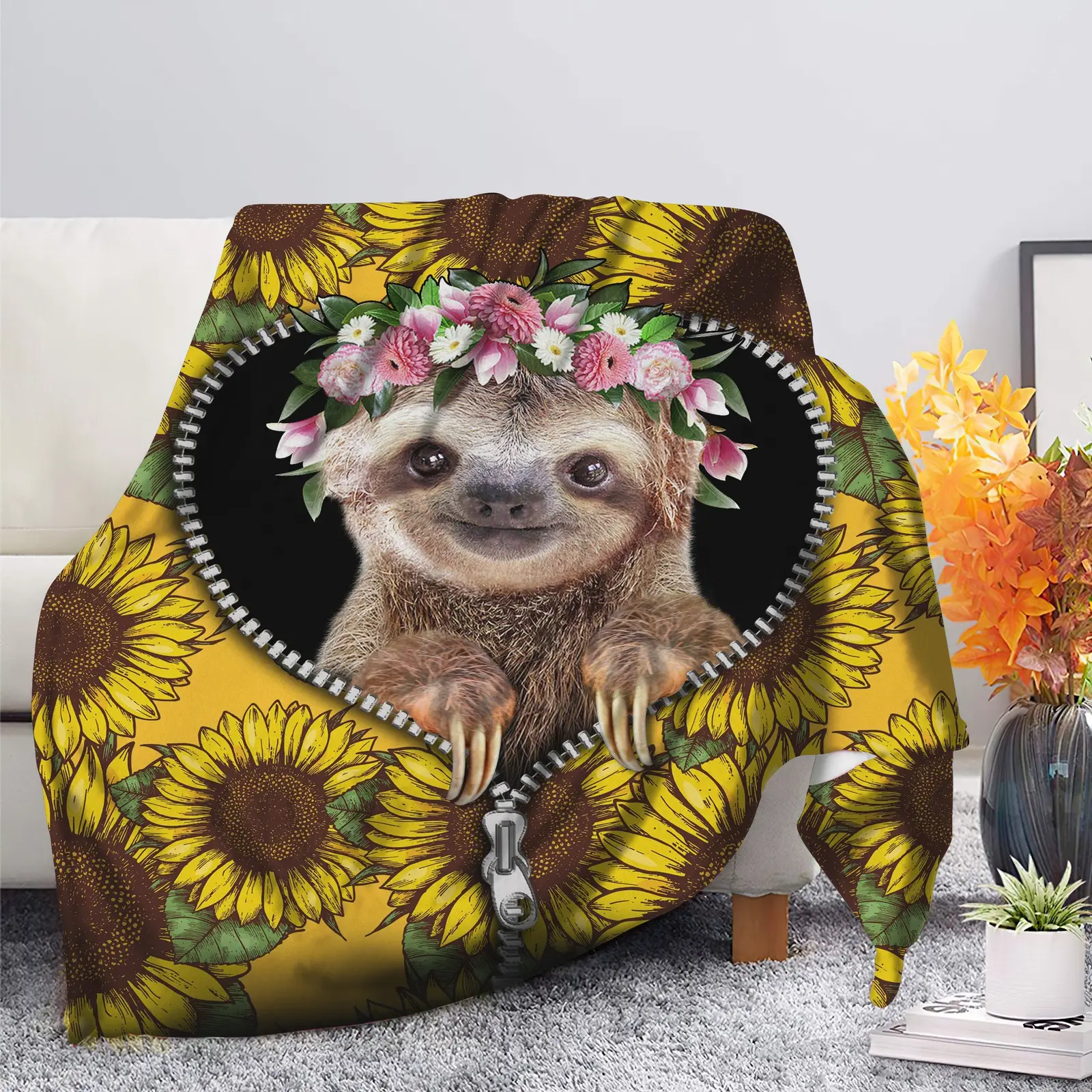 Cute Sloth Sunflower Zipper Blanket