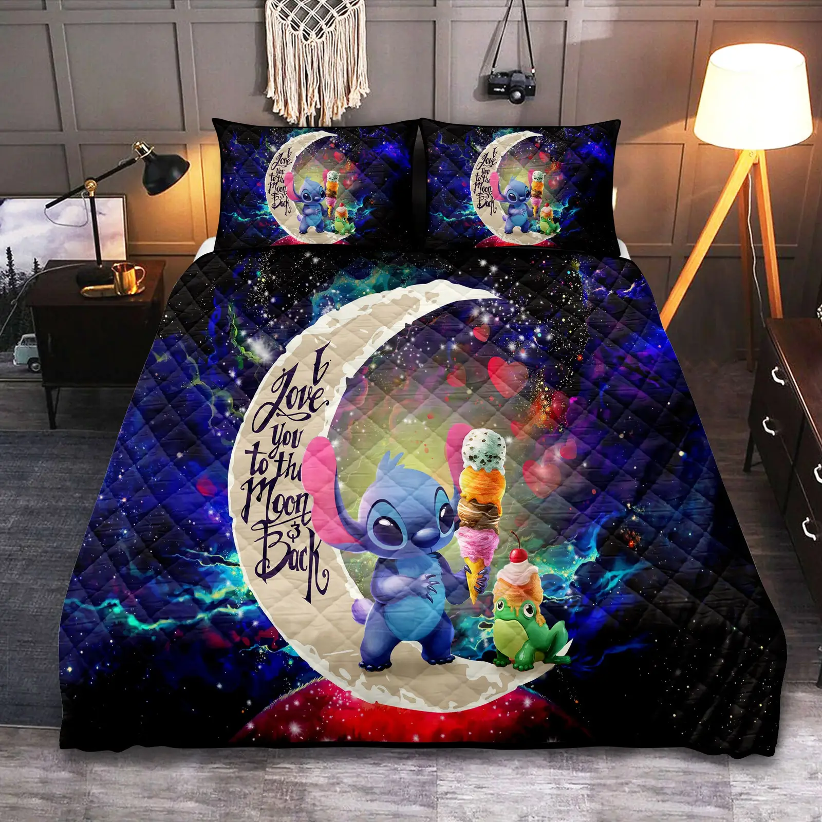 Cute Stitch Frog Icecream Love You To The Moon Galaxy Quilt Bed Sets