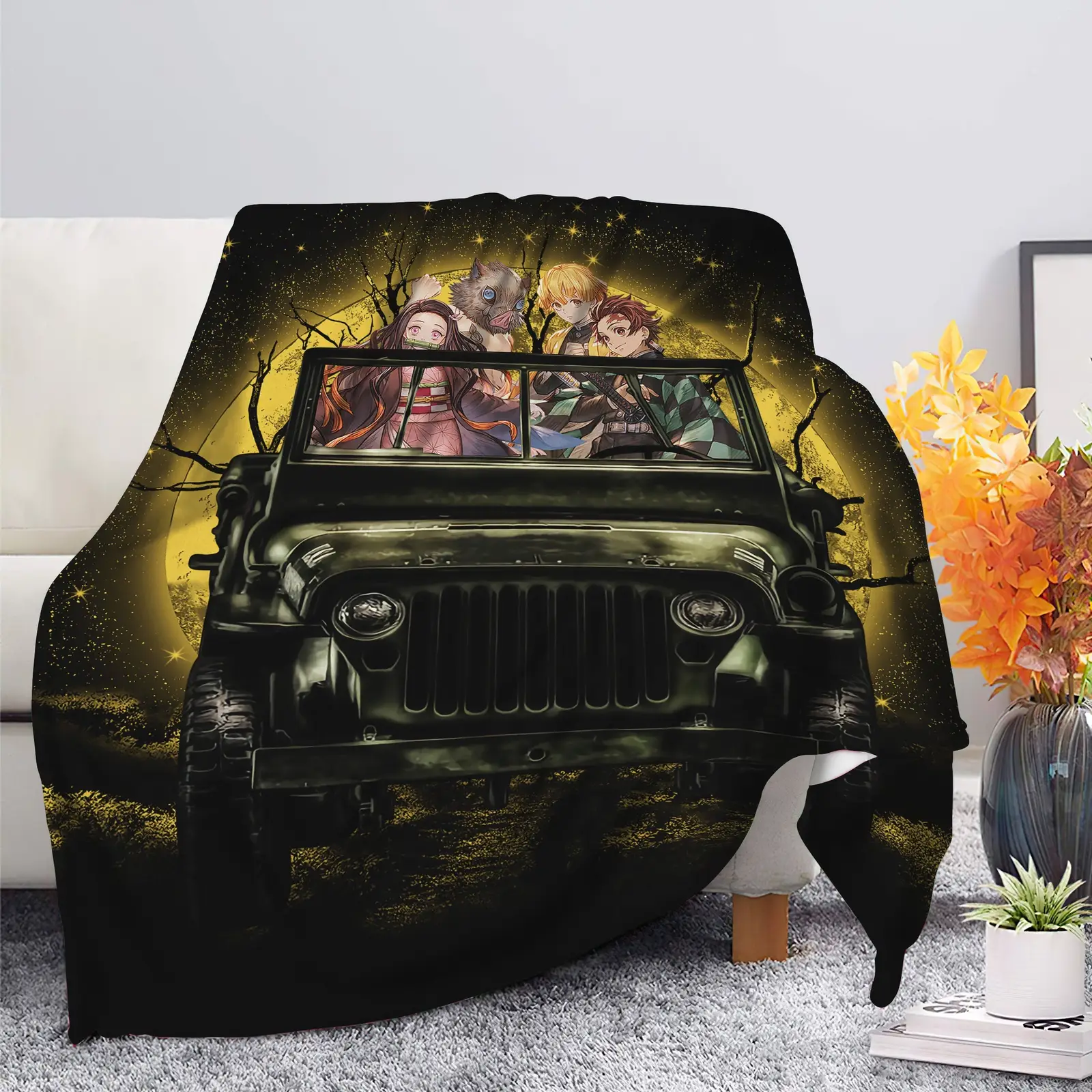 Demon Slayer Anime Funny Halloween Moonlight Blanket