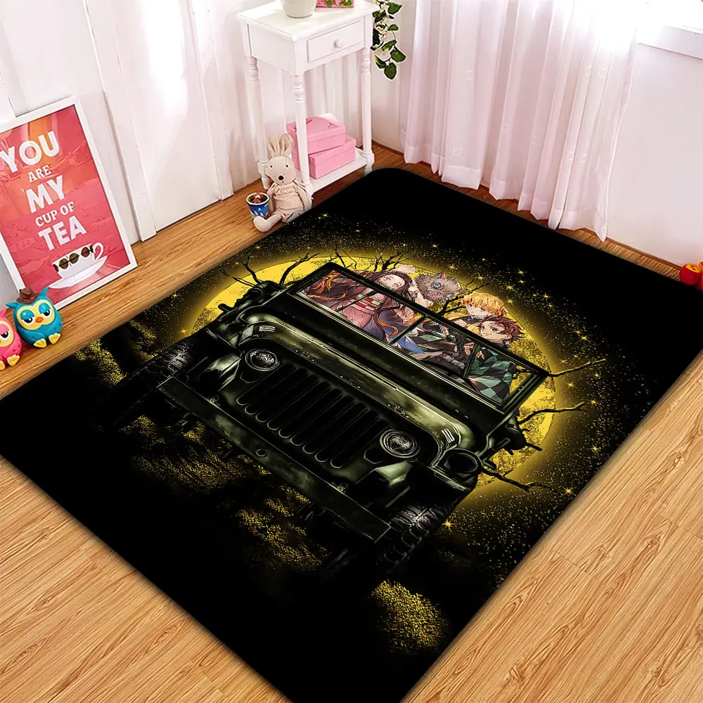 Demon Slayer Ride Jeep Funny Anime Moonlight Halloween Rectangular Area Rug