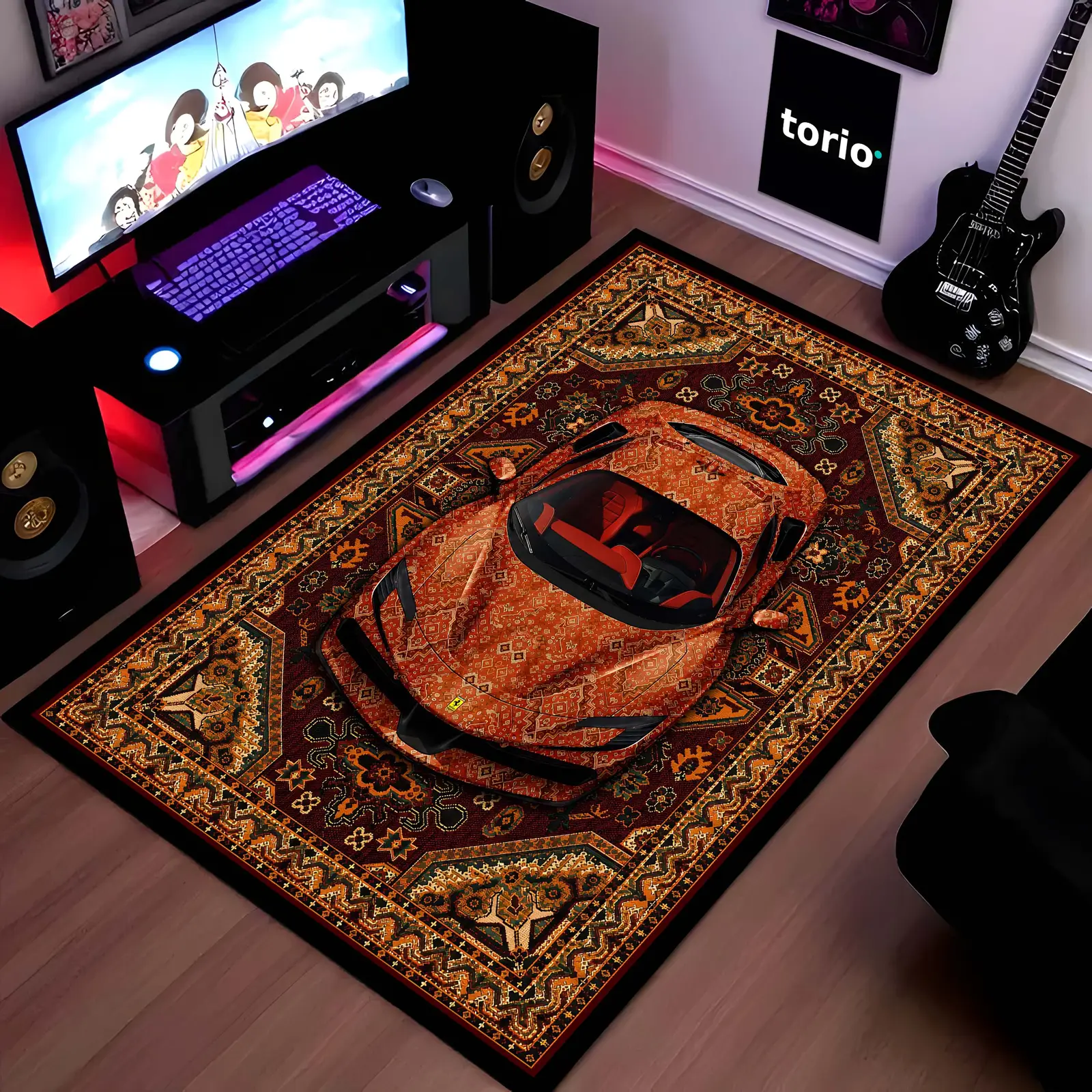 Ferrari Persian Heritage Area Rug | Exotic Supercar Floor Mat | Vintage Persian Carpet Style Rug for Bedroom, Gaming Room, Garage & Luxury Car Decor