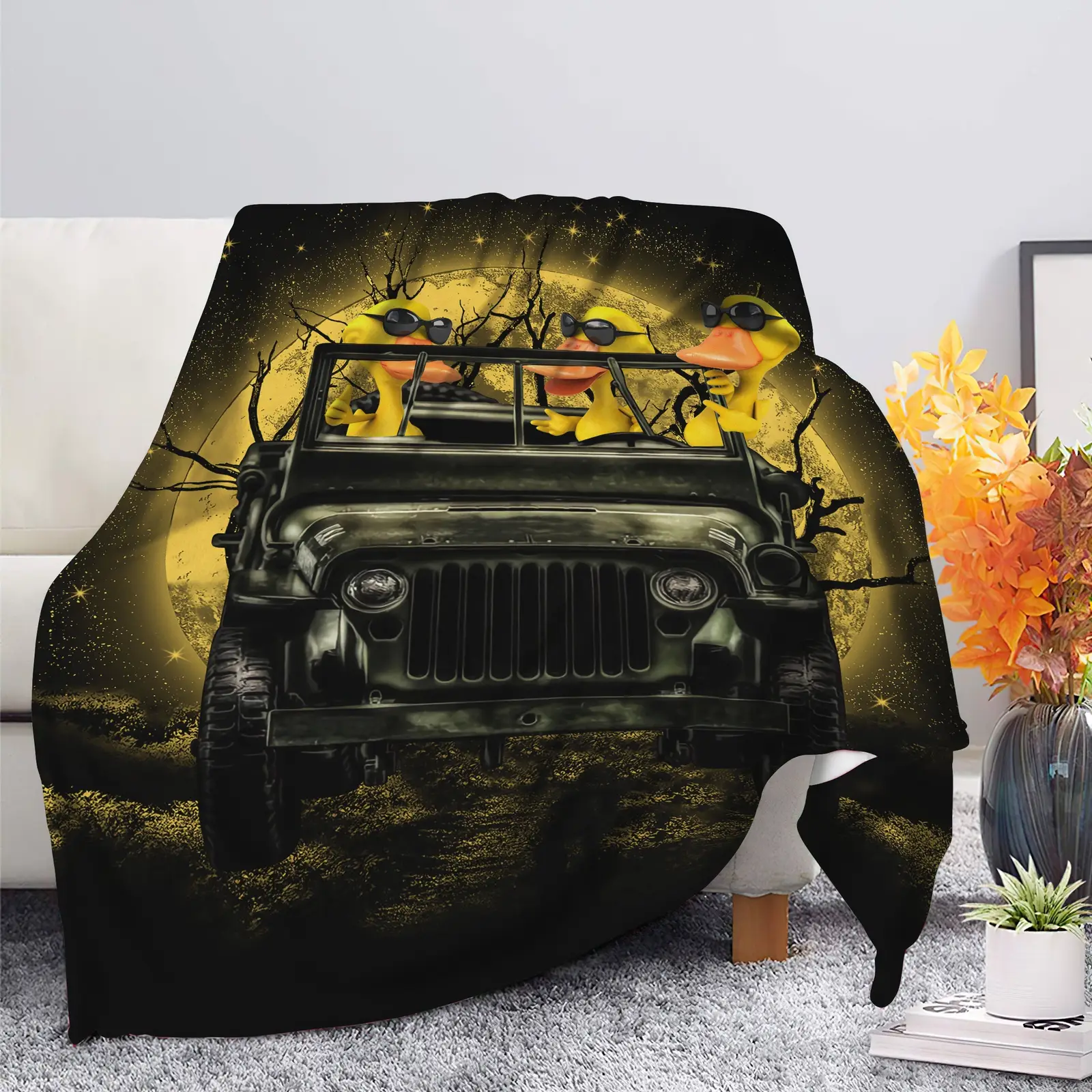 Funny Ducks Drive Jeep Moonlight Halloween Blanket