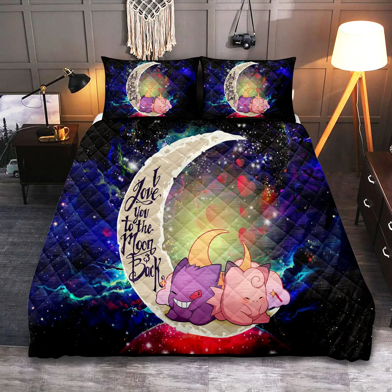 Gengar And Clefable Cute Love You To The Moon Galaxy Quilt Bed Sets