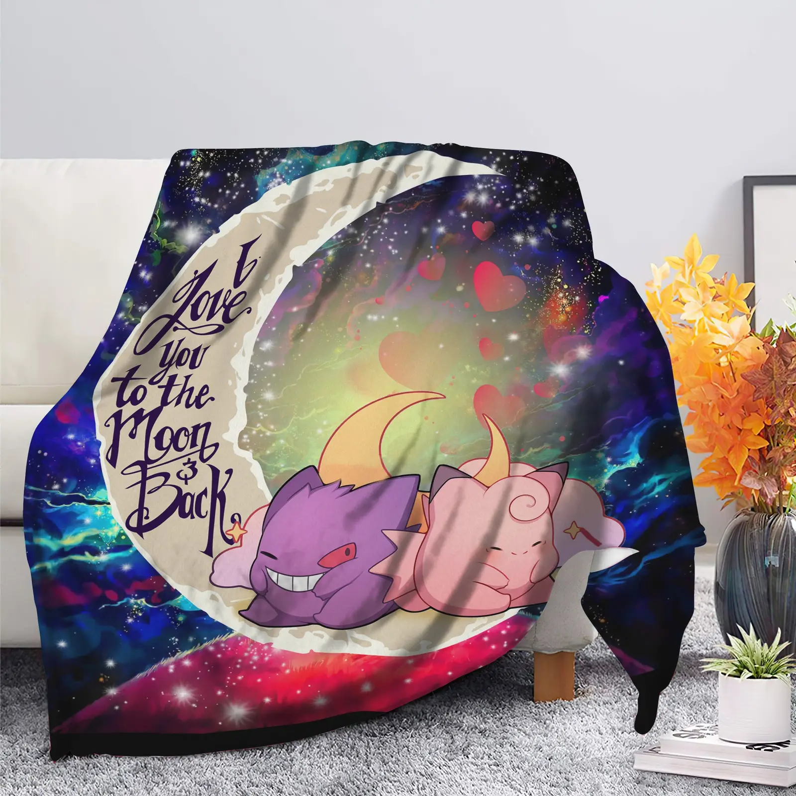Gengar And Clefable Cute Pokemon Love You To The Moon Galaxy Blanket