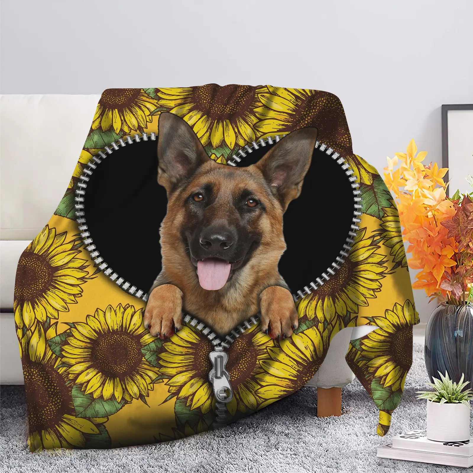German Shepherd Sunflower Zipper Blanket