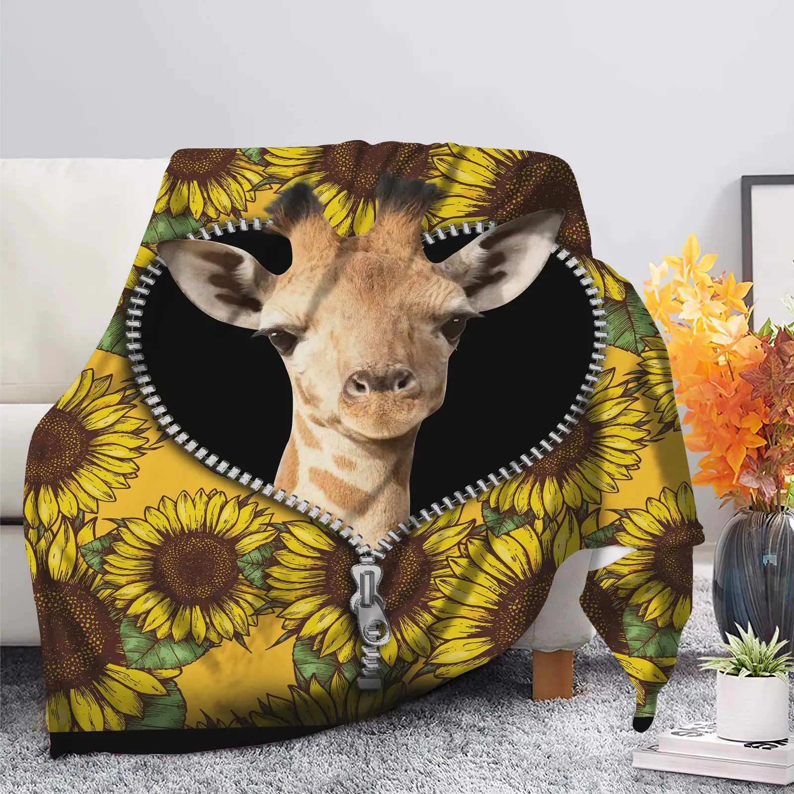 Giraffe Sunflower Zipper Blanket