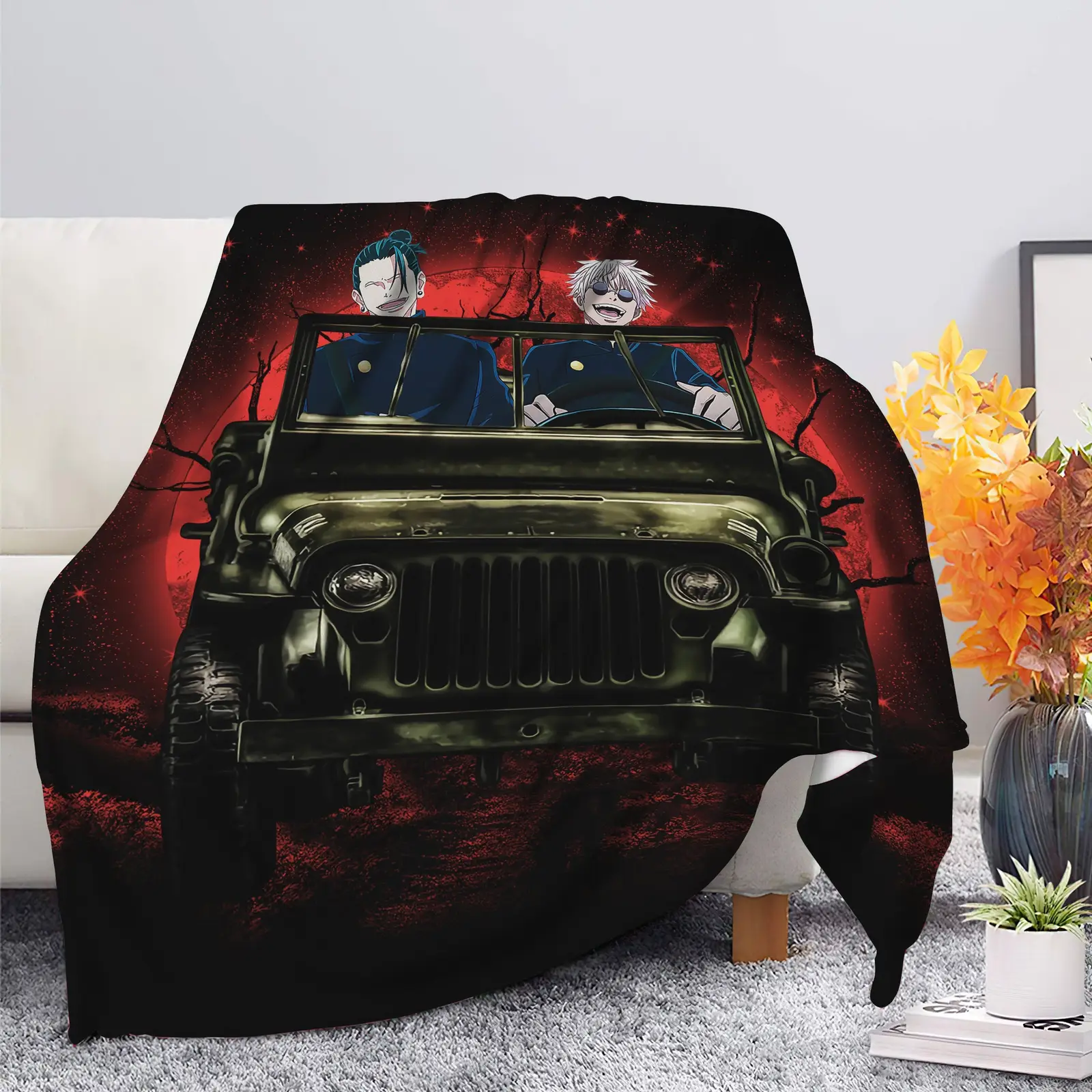 Gojo Geto Jujutsu Kaisen Ride Jeep Halloween Funny Anime Blanket