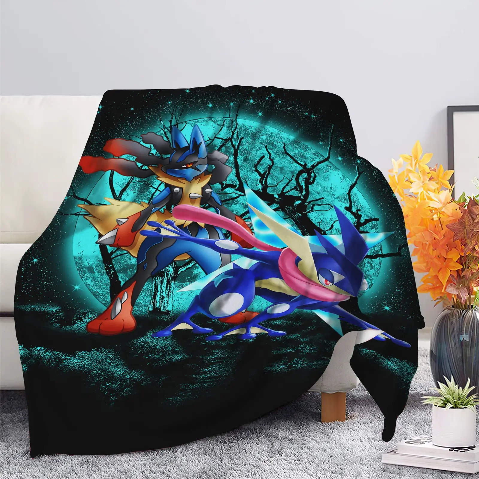 Greninja Satoshi And Mega Lucario Pokemon Moonlight Halloween Blanket
