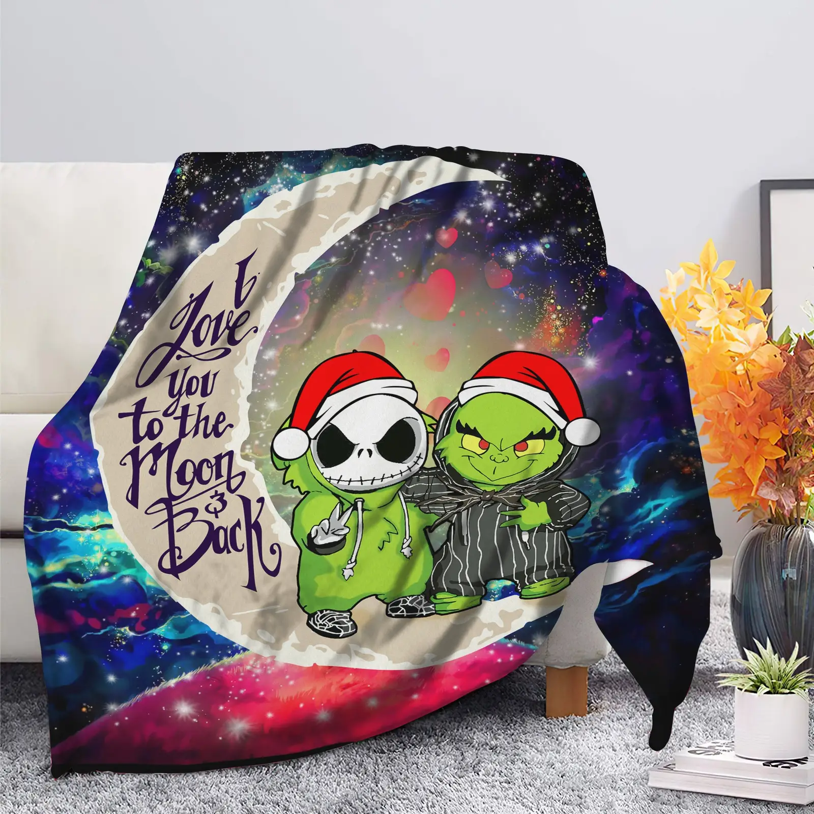Grinch And Jack Nightmare Before Christmas Love You To The Moon Galaxy Blanket