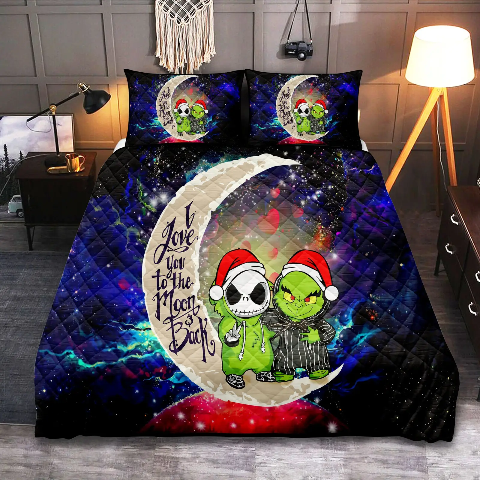 Grinch And Jack Nightmare Before Christmas Love You To The Moon Galaxy Quilt Bed Sets