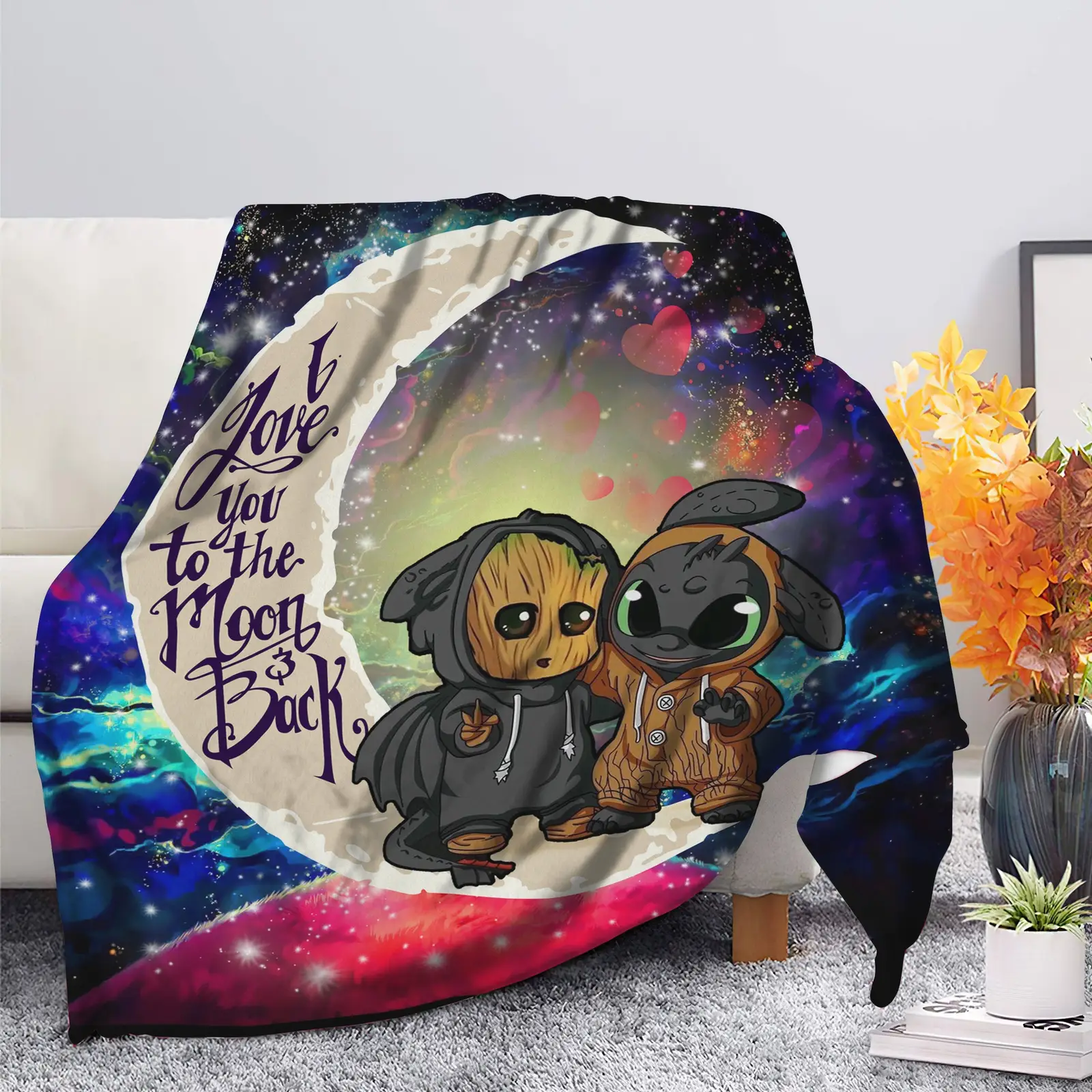 Groot And Toothless Love You To The Moon Galaxy Blanket