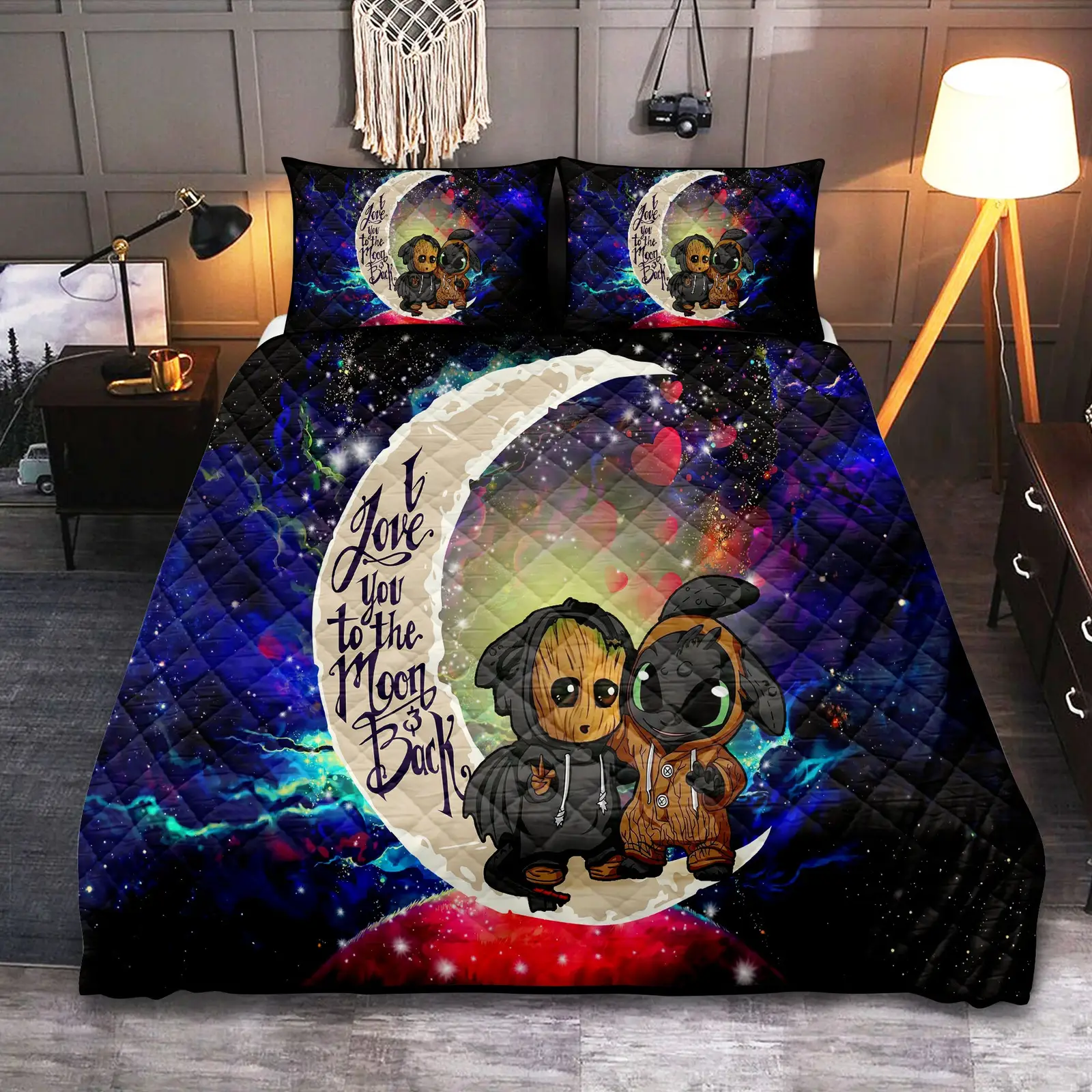Groot And Toothless Love You To The Moon Galaxy Quilt Bed Sets
