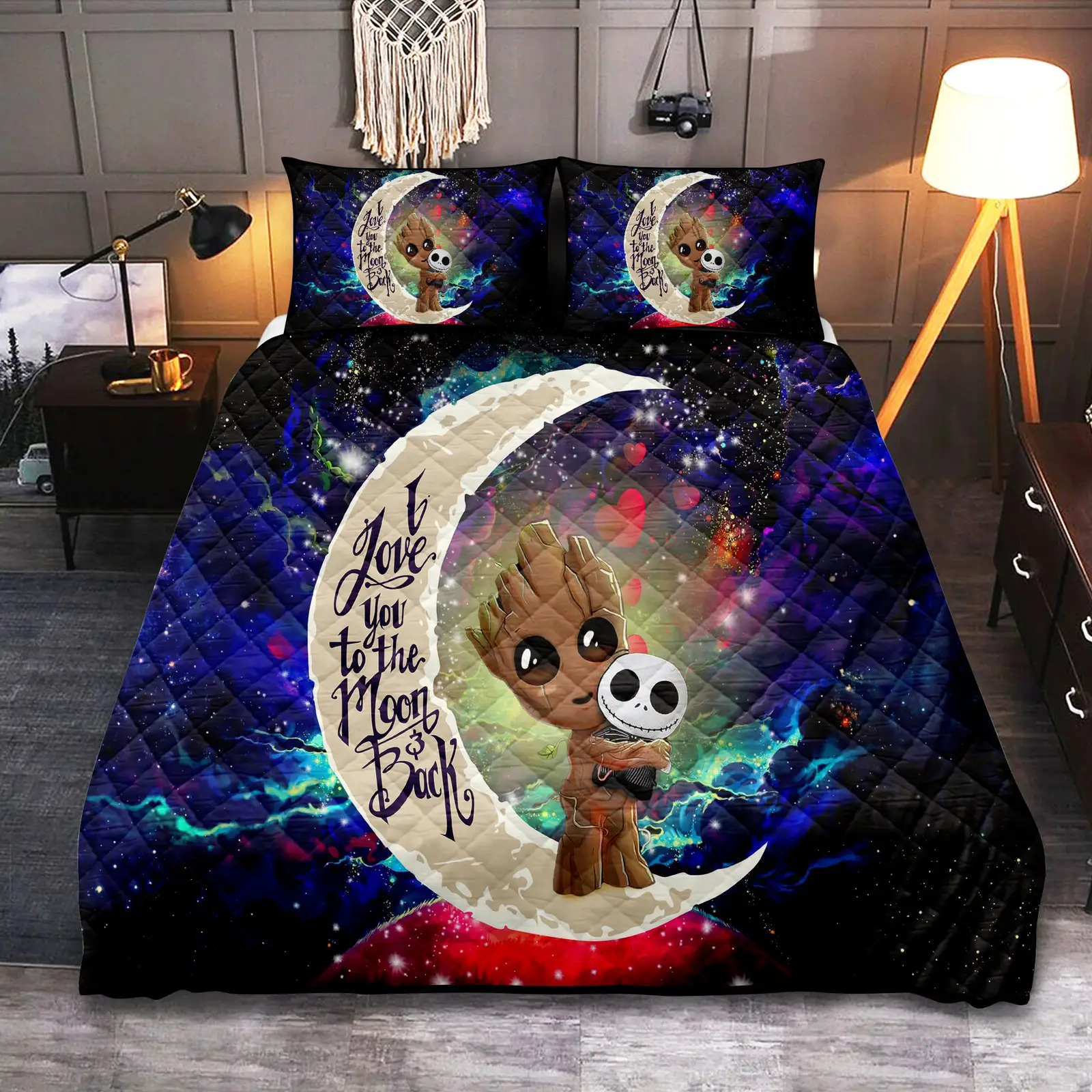 Groot Hold Jack Skelington Love You To The Moon Galaxy Quilt Bed Sets