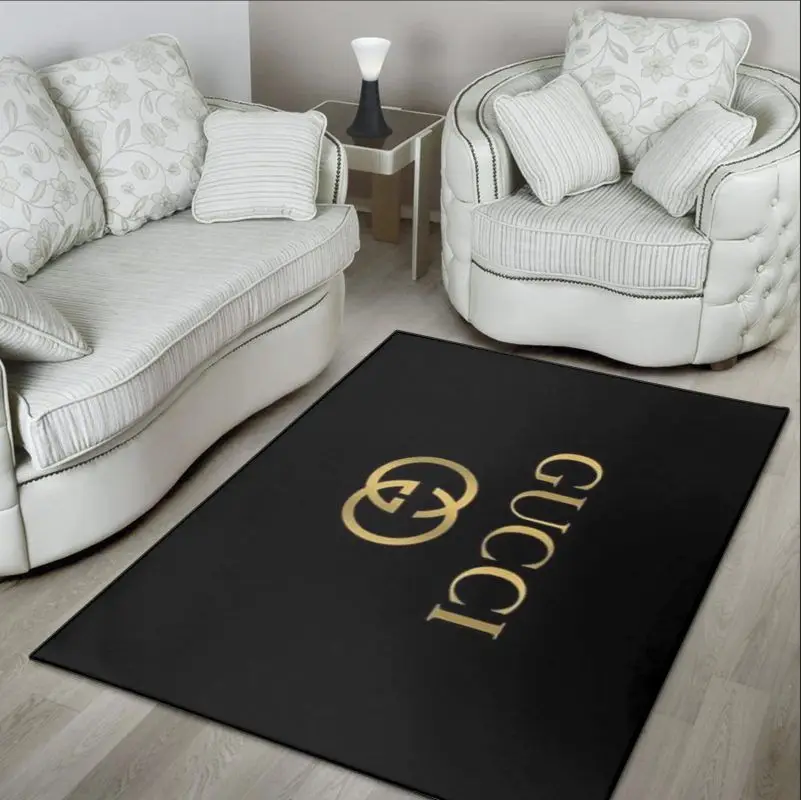 Gucci Golden Logo In Black Background Area Rug