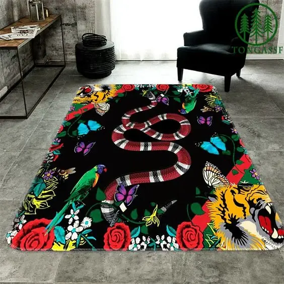 Gucci Snake Tiger Parrots Black Carpet Rug Home Decor