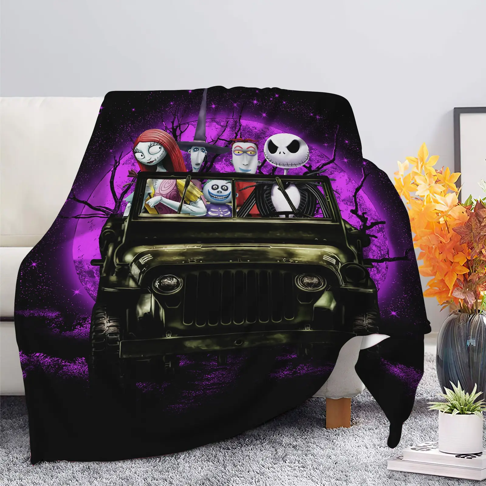 Halloween Nightmare Before Christmas Moonlight Drive Jeep Funny Blanket