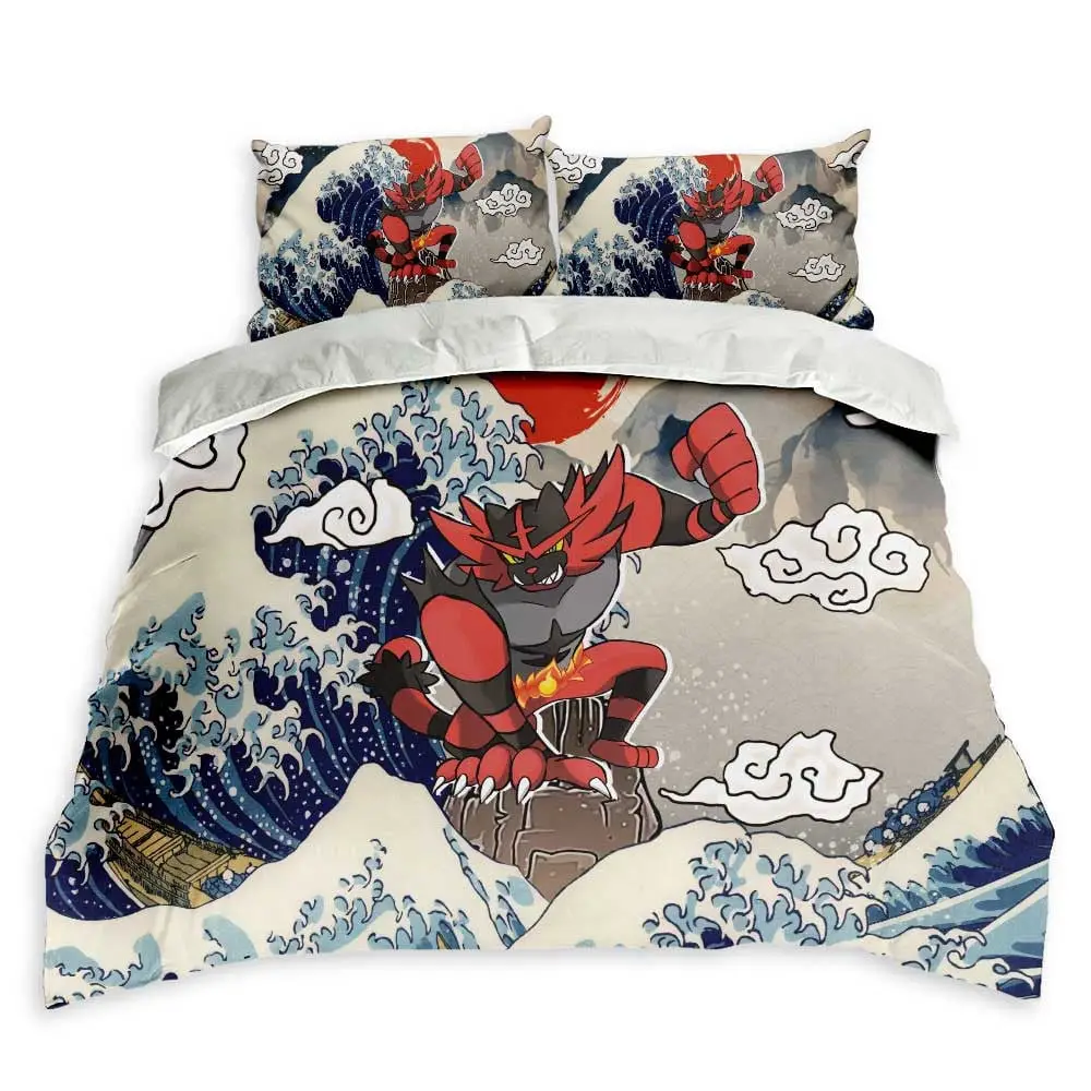 Incineroar Bedding Set Kanagawa Great Wave Custom