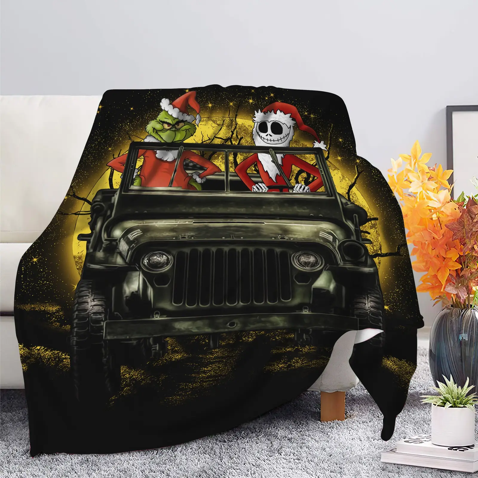 Jack Nightmare Before Christmas And Grinch Ride Jeep Moonlight Hallowwen Blanket