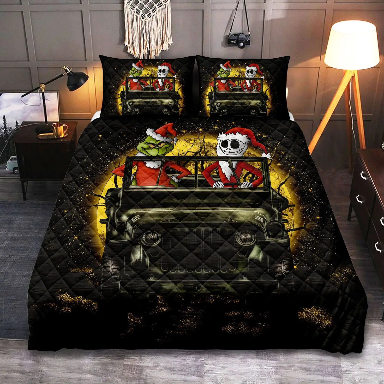 Jack Nightmare Before Christmas And Grinch Ride Jeep Moonlight Hallowwen Quilt Bed Sets