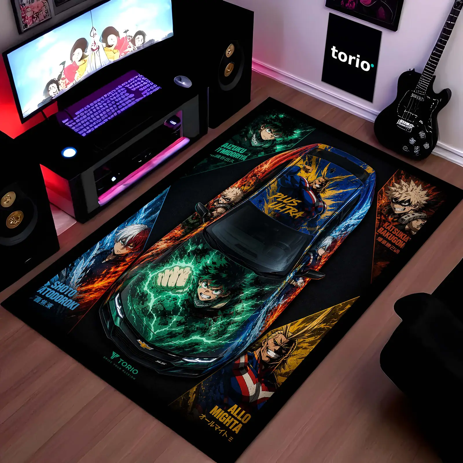 My Hero Academia Chevrolet Camaro Anime Area Rug | Deku Midoriya Hero Floor Mat | MHA Gaming Rug for Bedroom, Gaming Room, Anime Setup & Otaku Decor