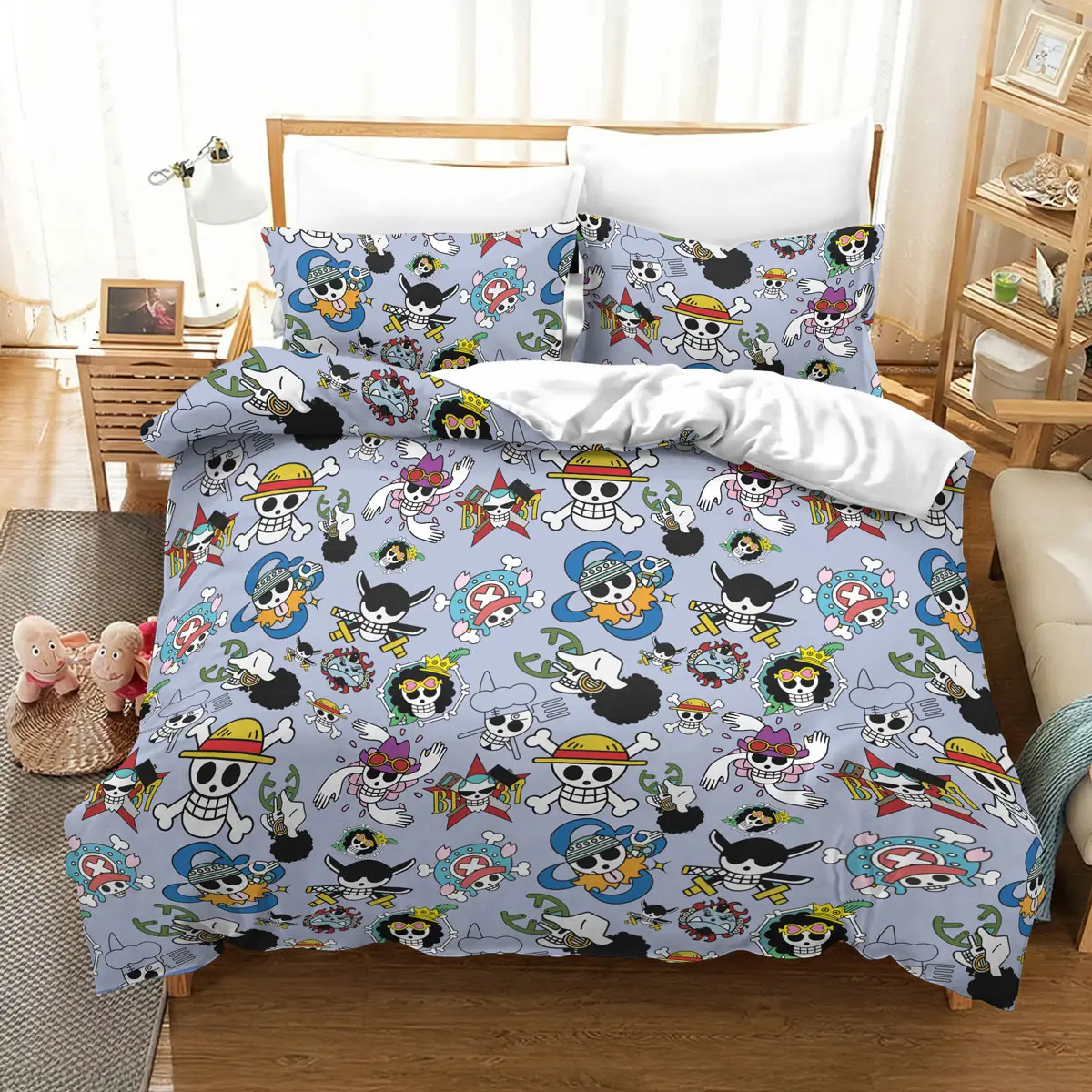 One Piece Straw Hat Crew Icon Pattern Grey Bedding Set