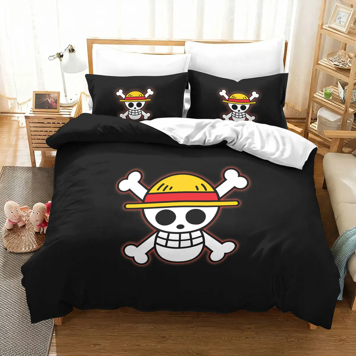 One Piece Straw Hat Jolly Roger Black Anime Bedding Set