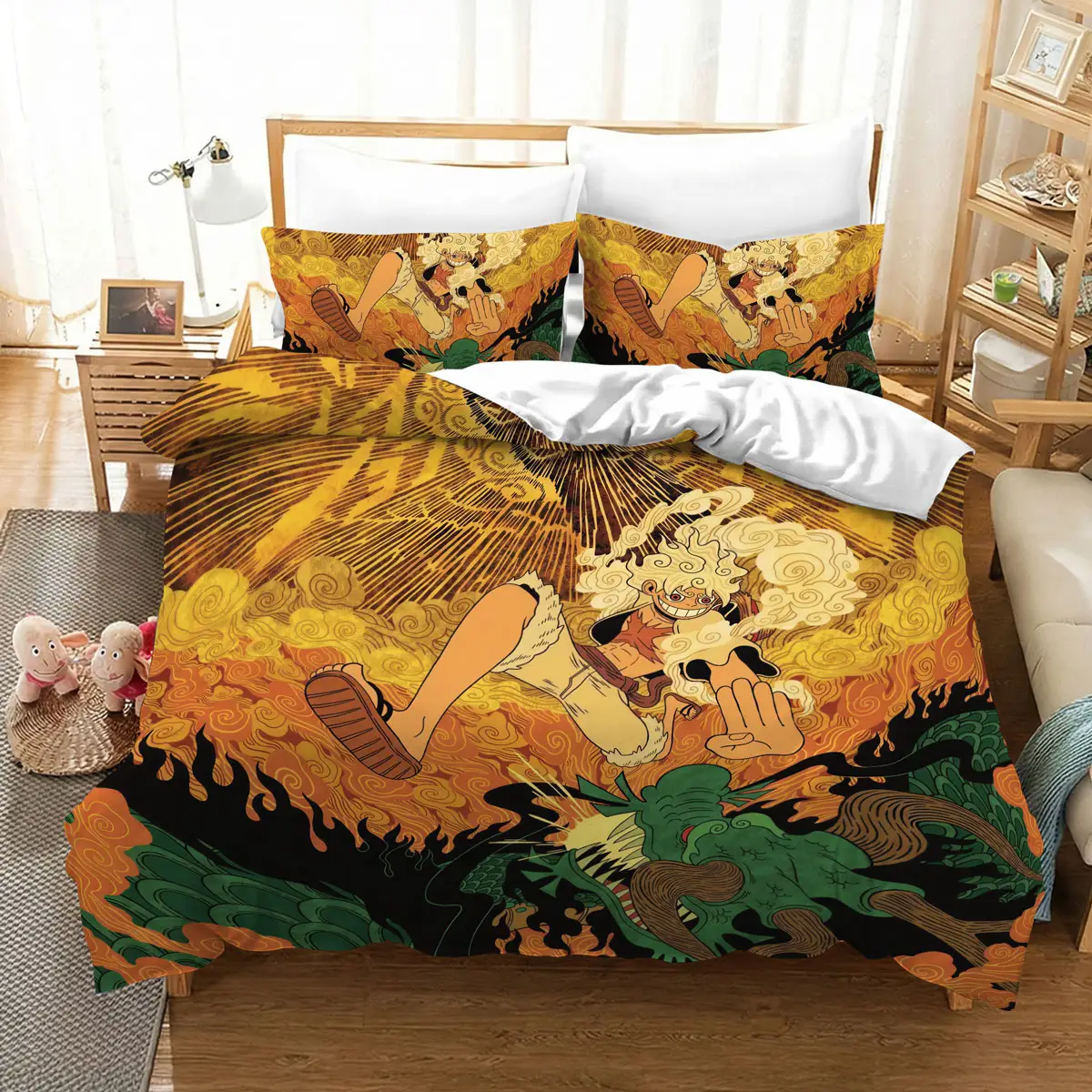 One Piece Sun God Awakening Bedding Set – Mythical Fire Dragon Design - Anime Comforts – Cozy Anime Bedding, Blankets & Home Essentials