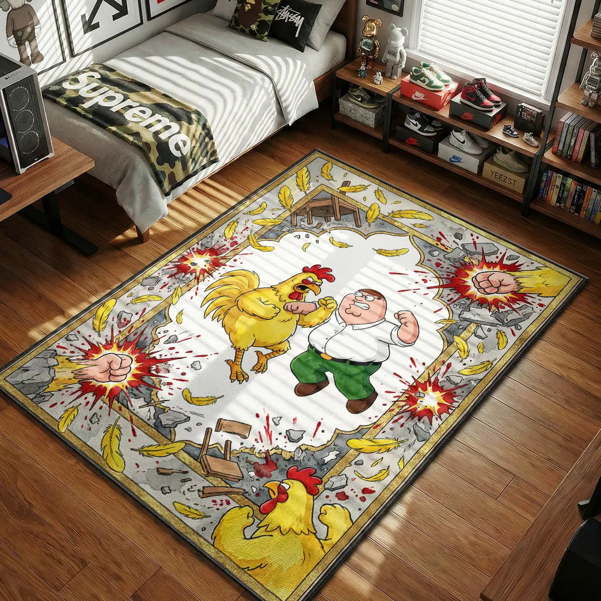 Peter vs Giant Chicken Fight Rug - Family Guy Room Mat