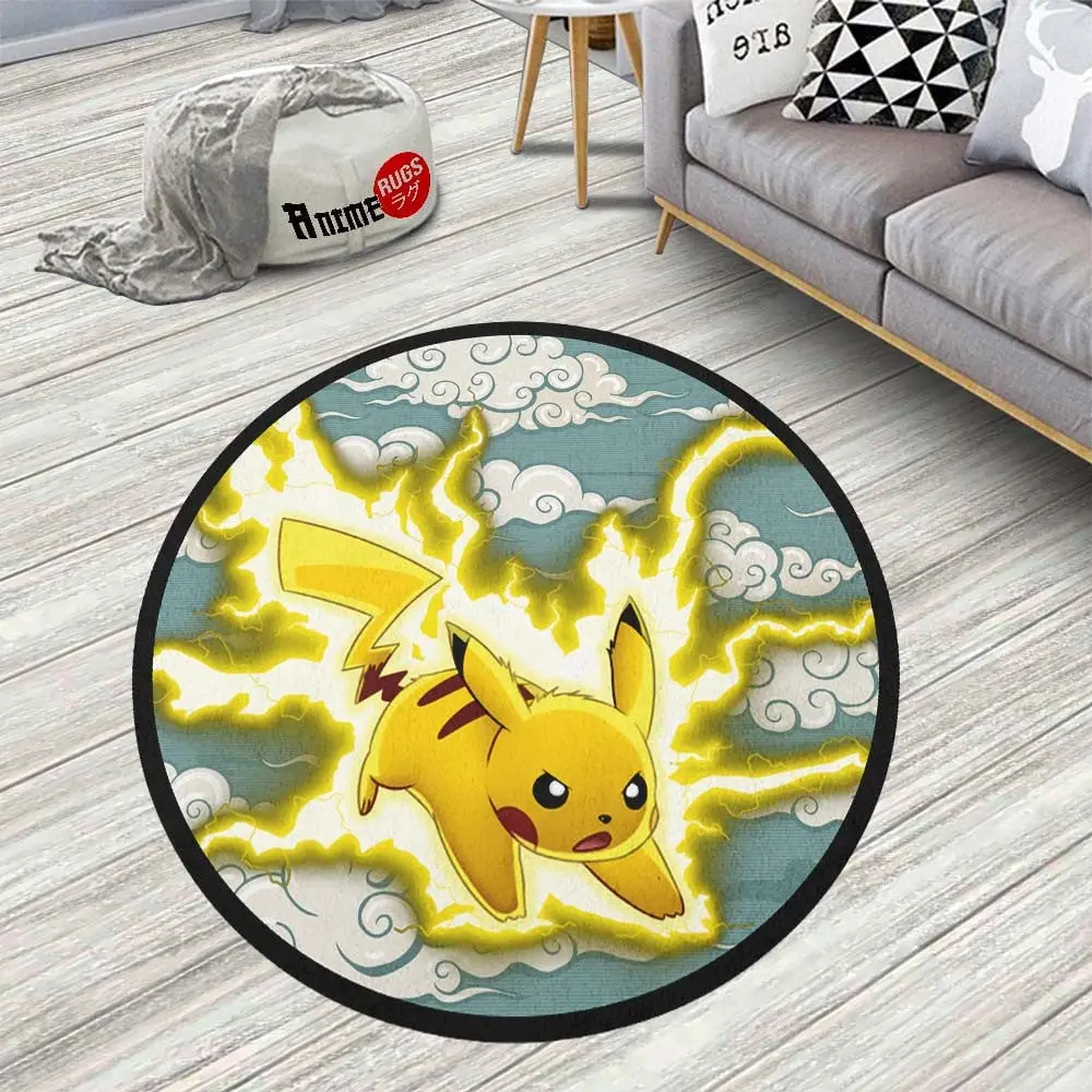 Pikachu Round Rug Custom Cloudy Sky Anime Room Mats