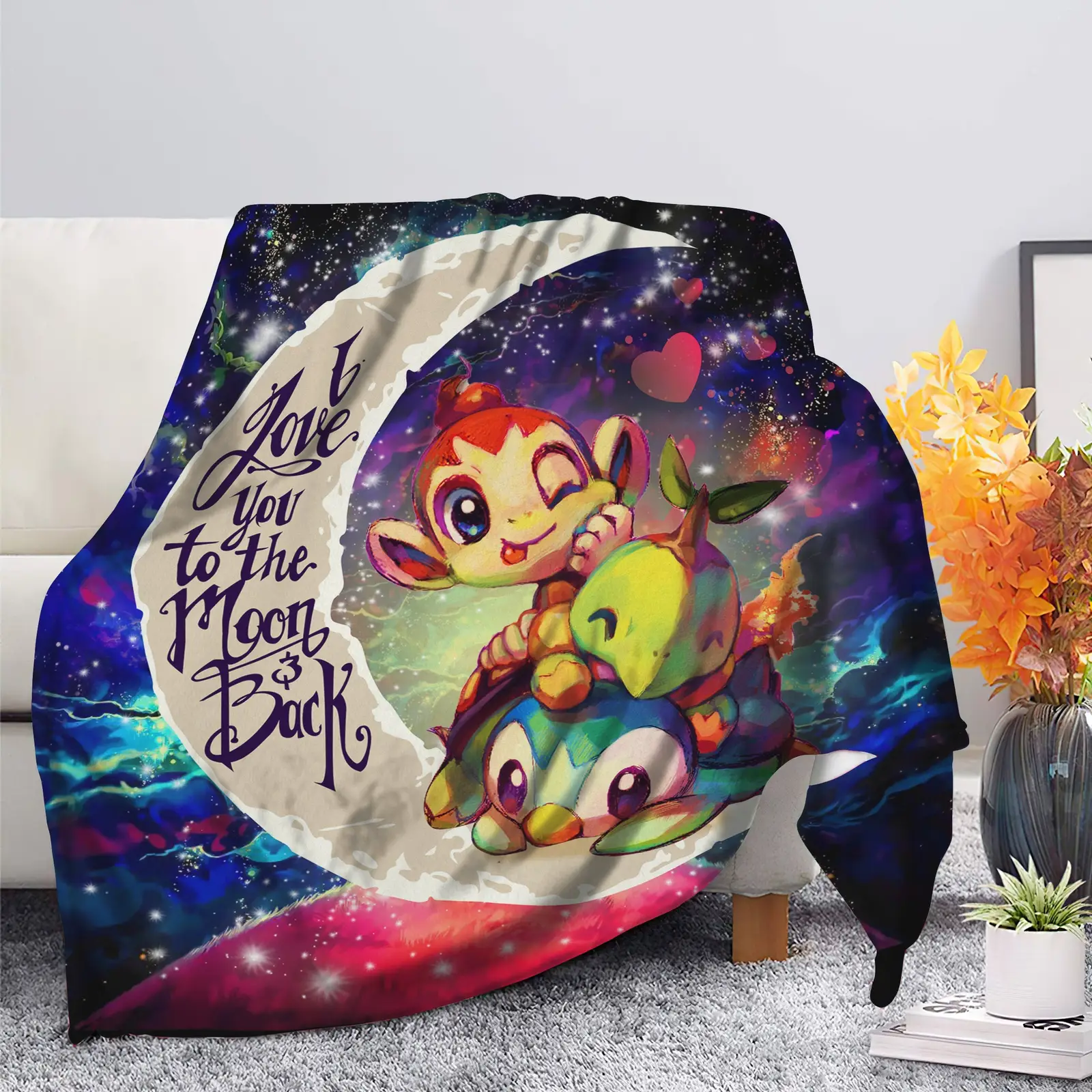 Piplup Turtwig And Chimchar Gen 4 Love You To The Moon Galaxy Blanket