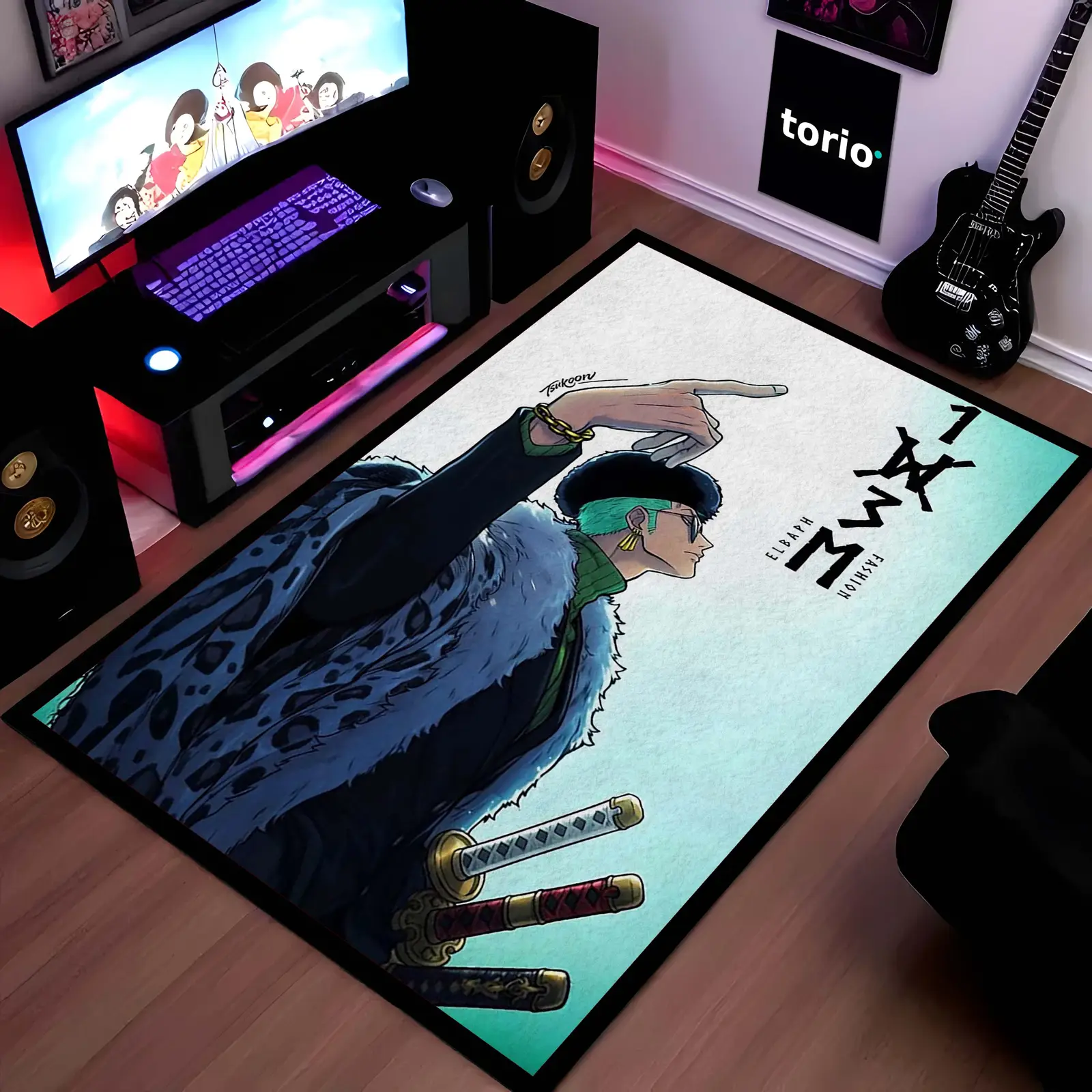 Roronoa Zoro One Piece Area Rug | Minimal Anime Floor Mat | Pirate Hunter Zoro Modern Rug for Bedroom, Gaming Room & Anime Decor