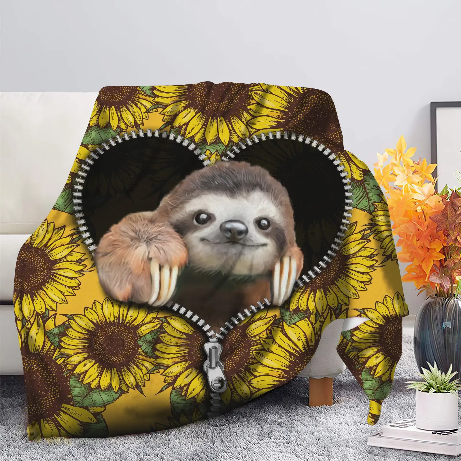 Sloth Cute Sunflower Zipper Blanket